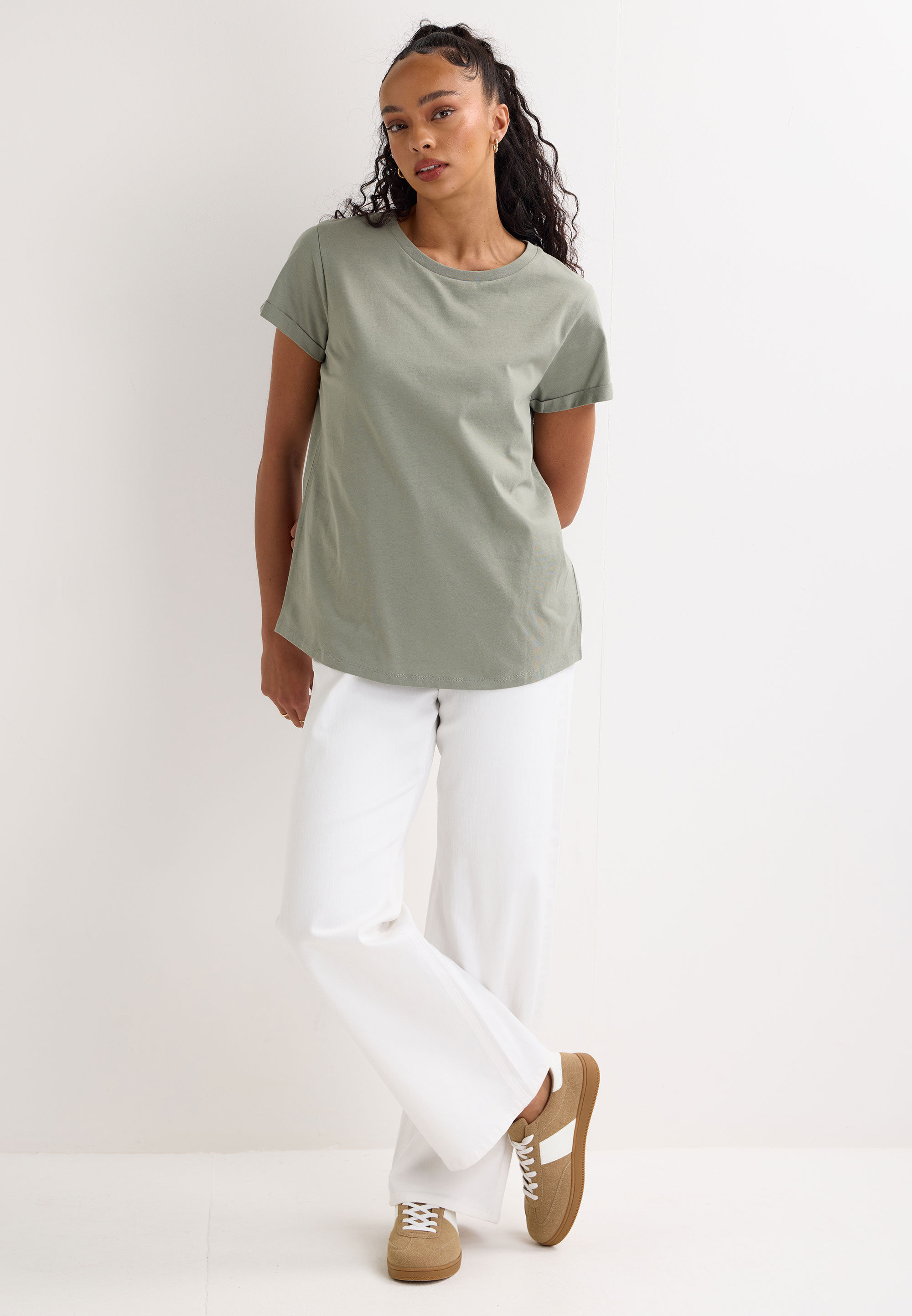 Womens Khaki Plain Roll Sleeve T-shirt