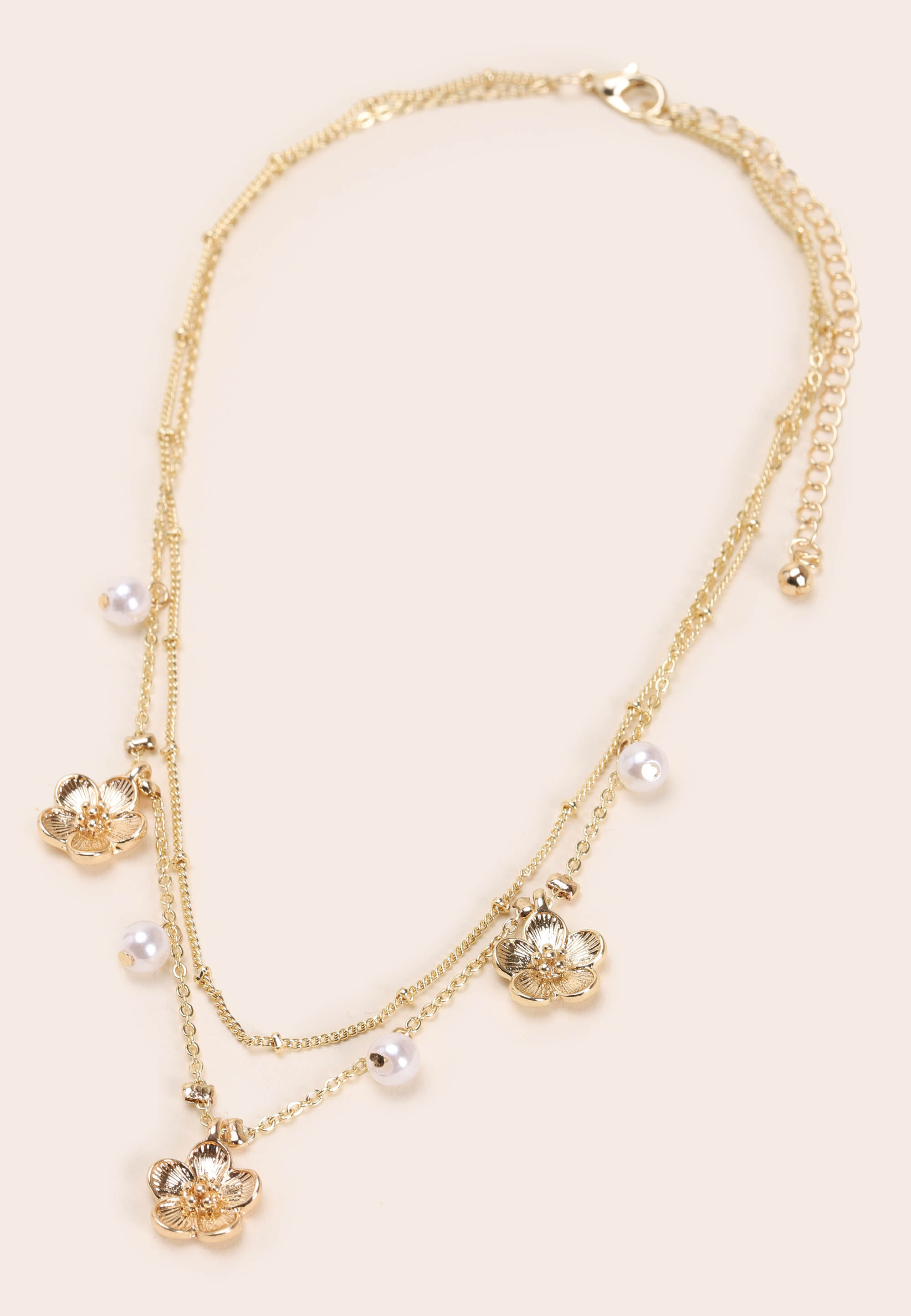Womens Gold 2 Row Pearl and Flower Drop Necklace