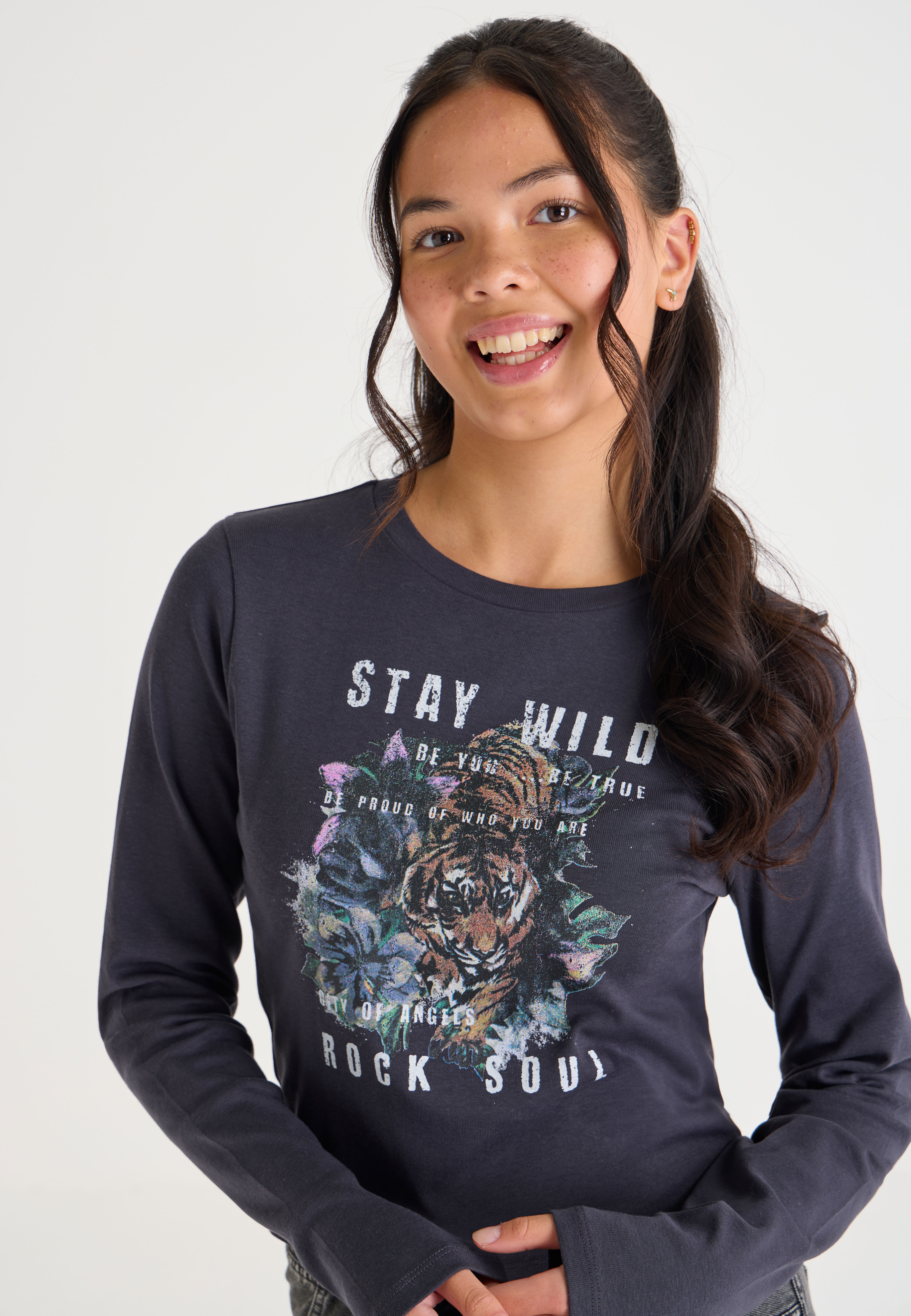 Older Girls Charcoal Animal Print Top