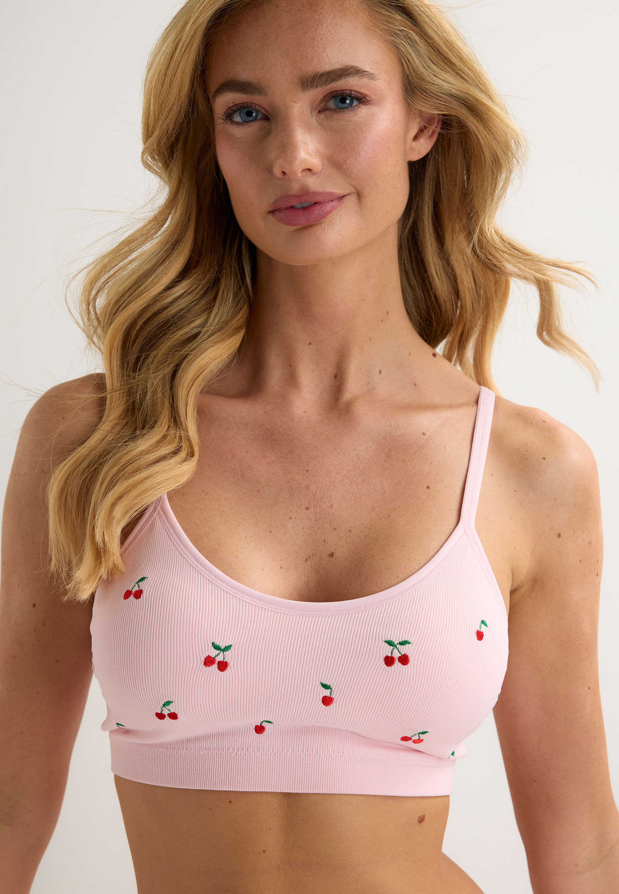 Womens Pink Cherry Embroidery Ribbed Crop Top
