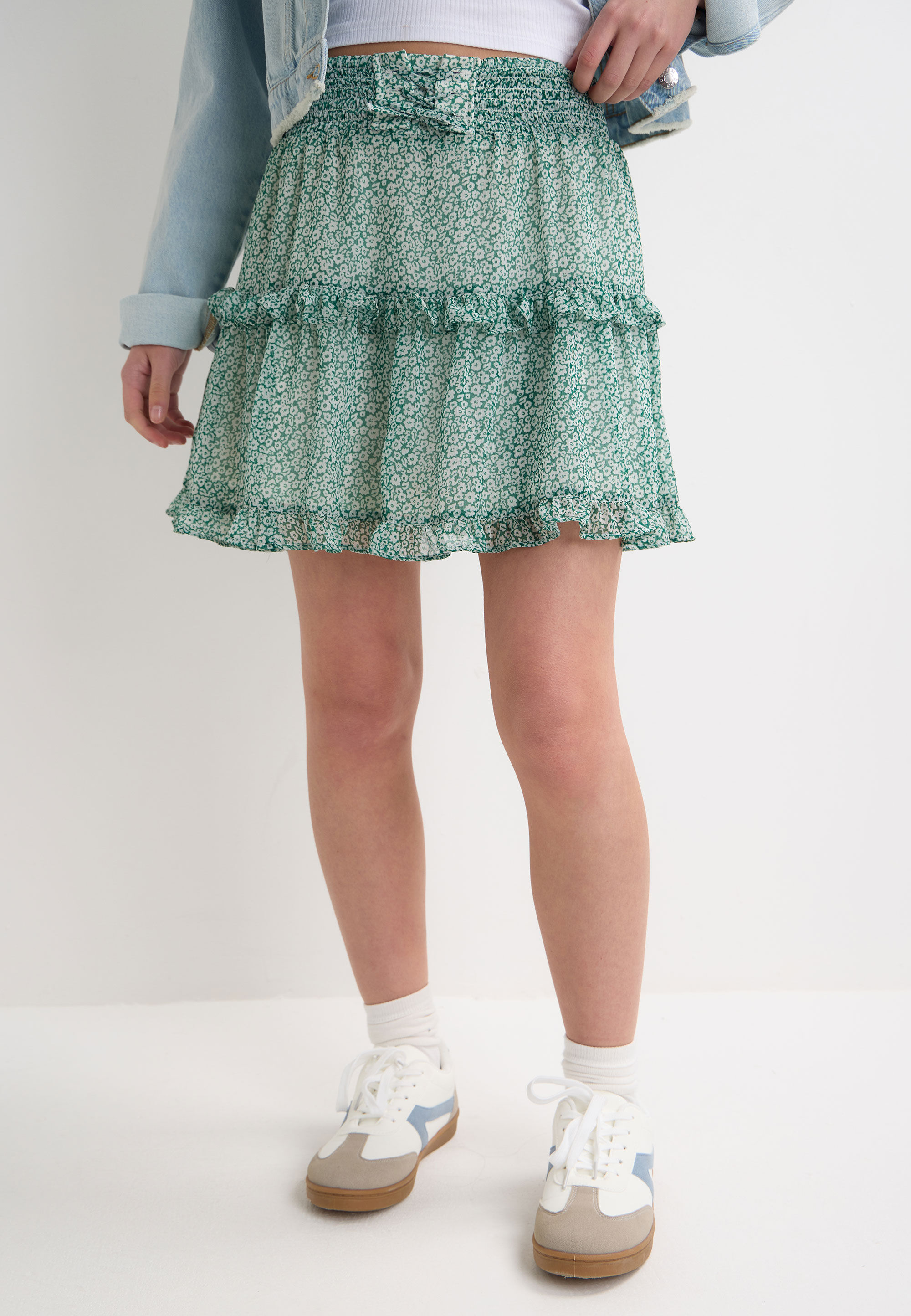 Older Girls Green Floral Chiffon Ra-Ra Skirt