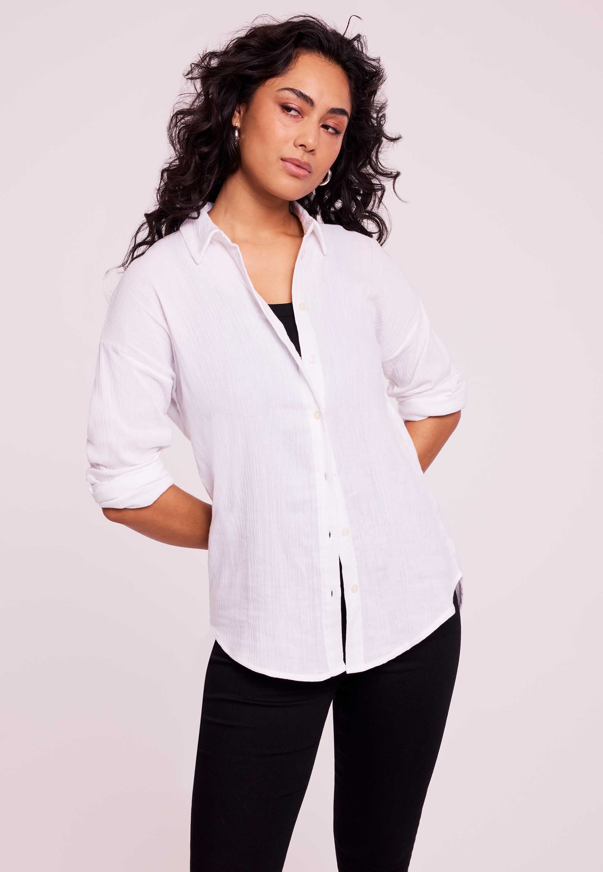 Womens White Double Cotton Long Sleeve Shirt