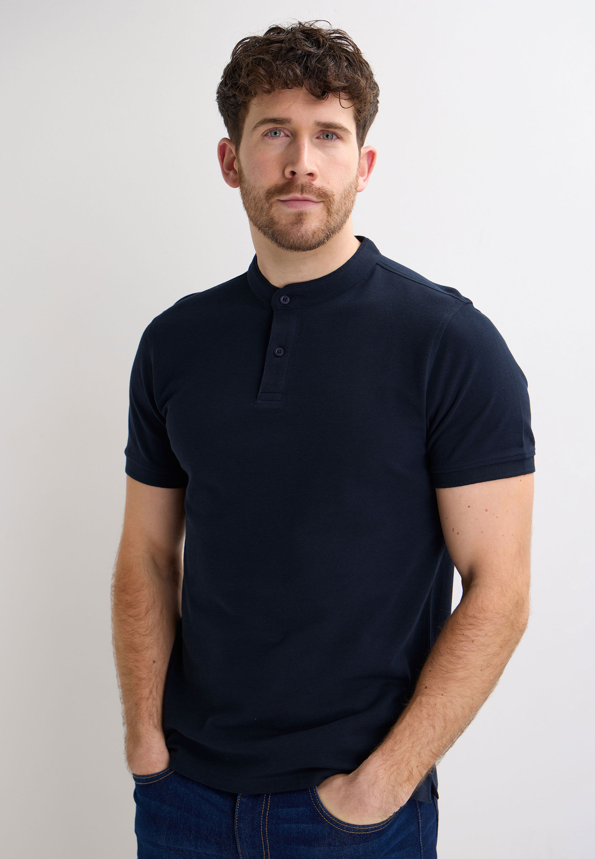 Mens Navy Granddad Collar Polo Shirt