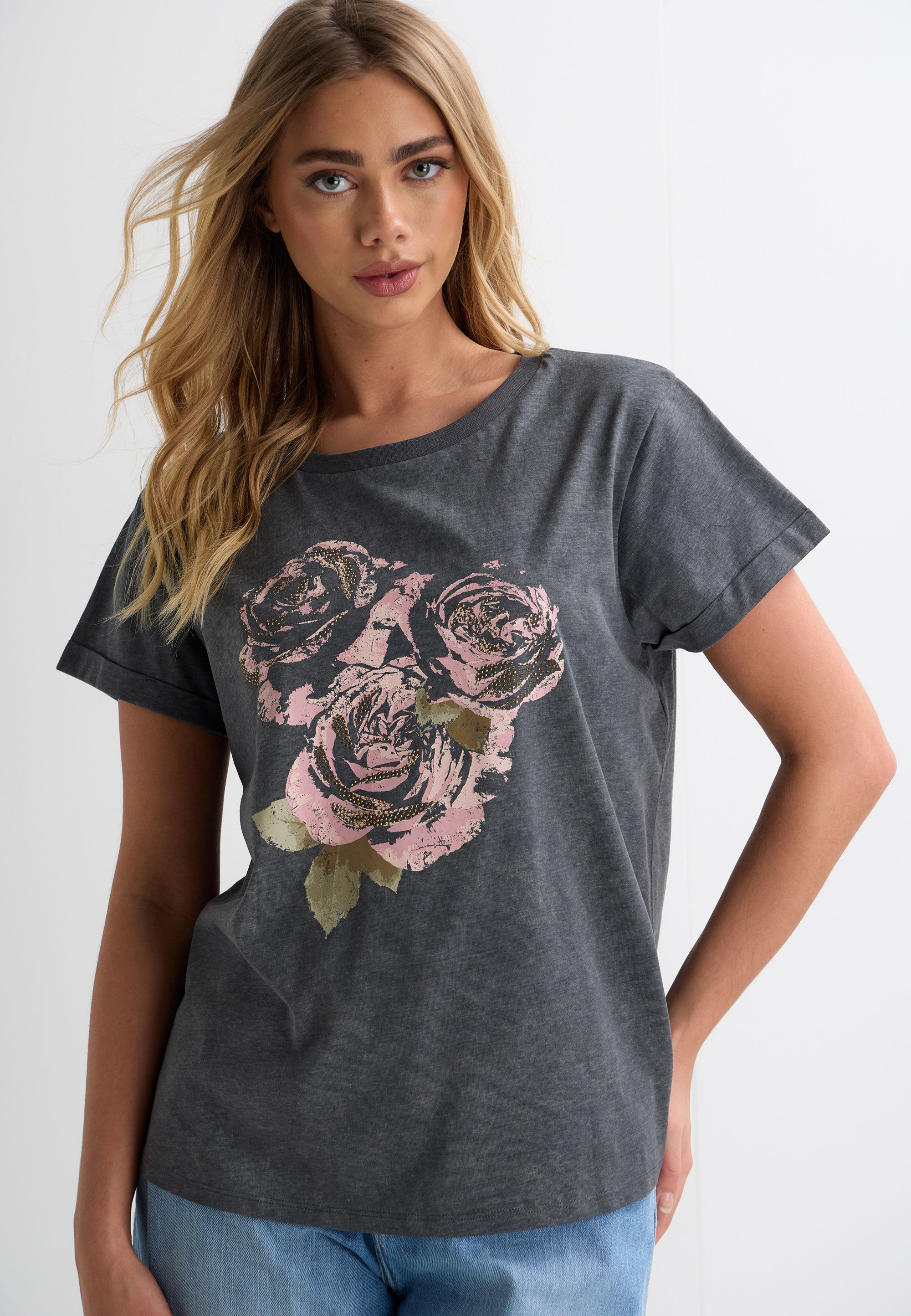 Womens Grey & Pink Rose Heatseal Graphic T-shirt