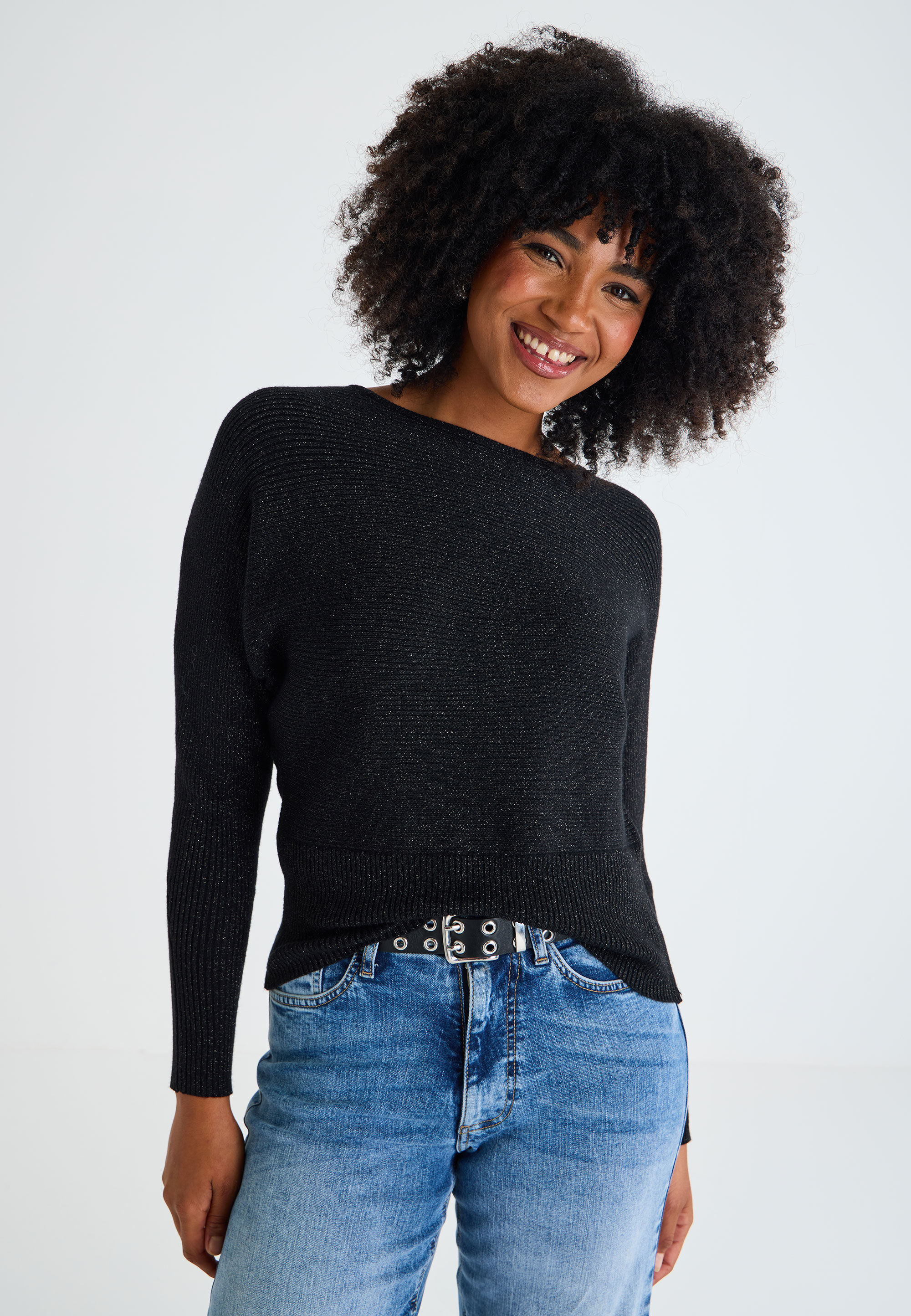 Womens Black Lurex Batwing Jumper
