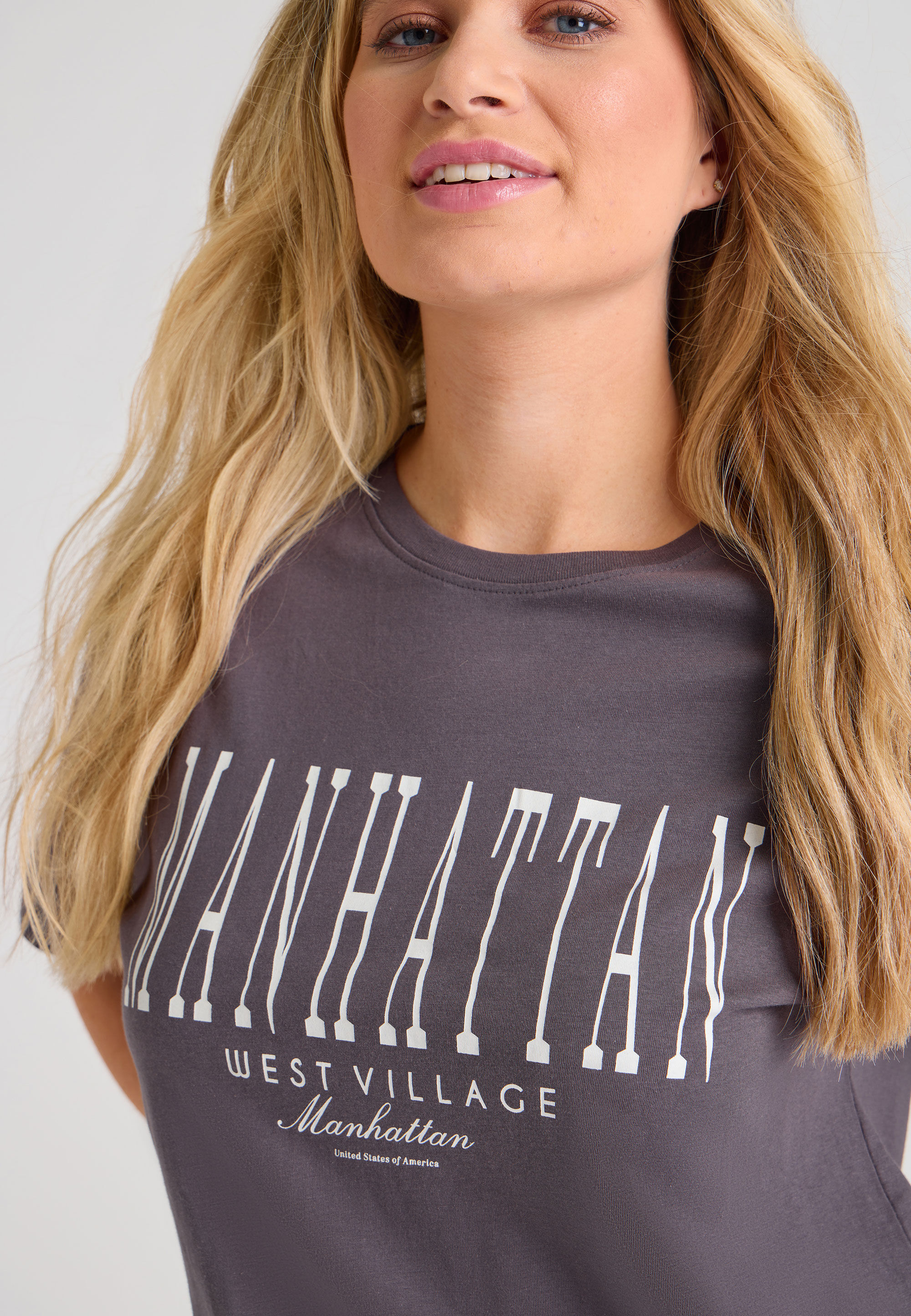 Womens Charcoal Manhattan Slogan Short Sleeves T-shirt