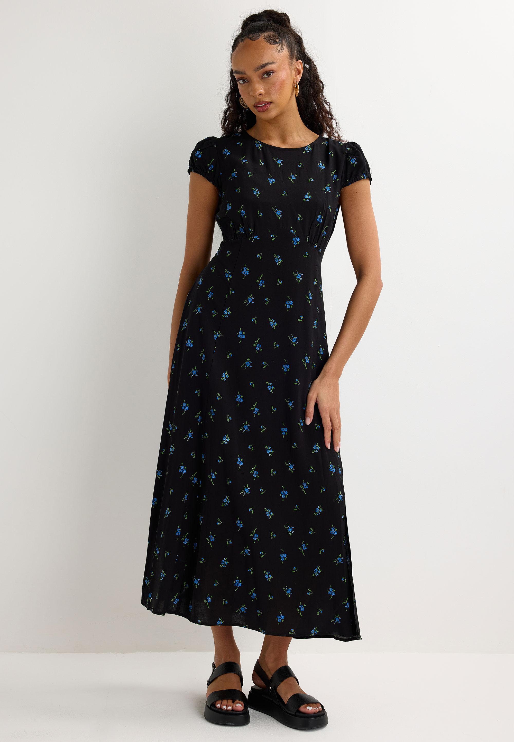 Womens Black & Blue Floral Print Midi Tea Dress