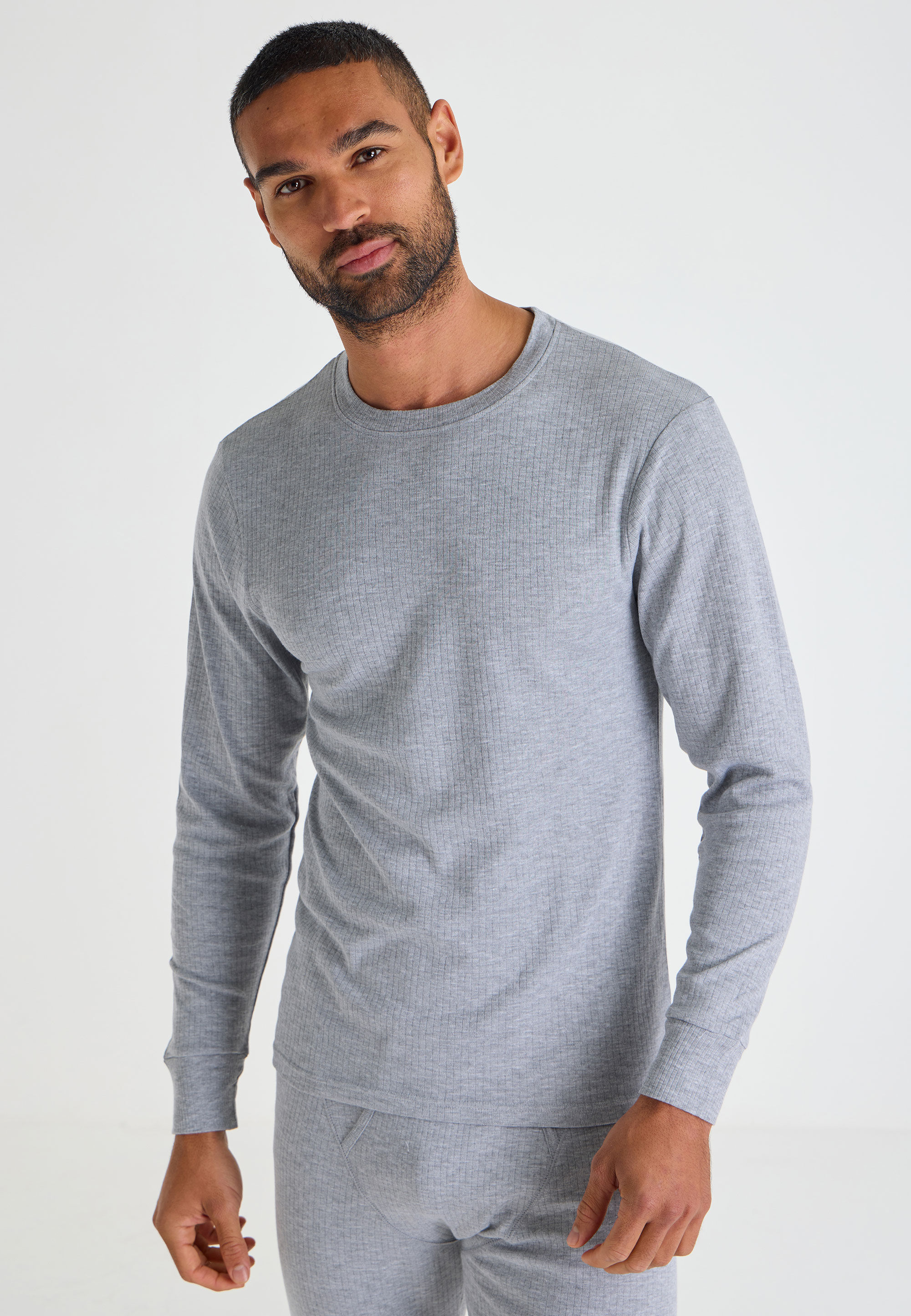 Mens Grey Thermal Ribbed Long Sleeve Top