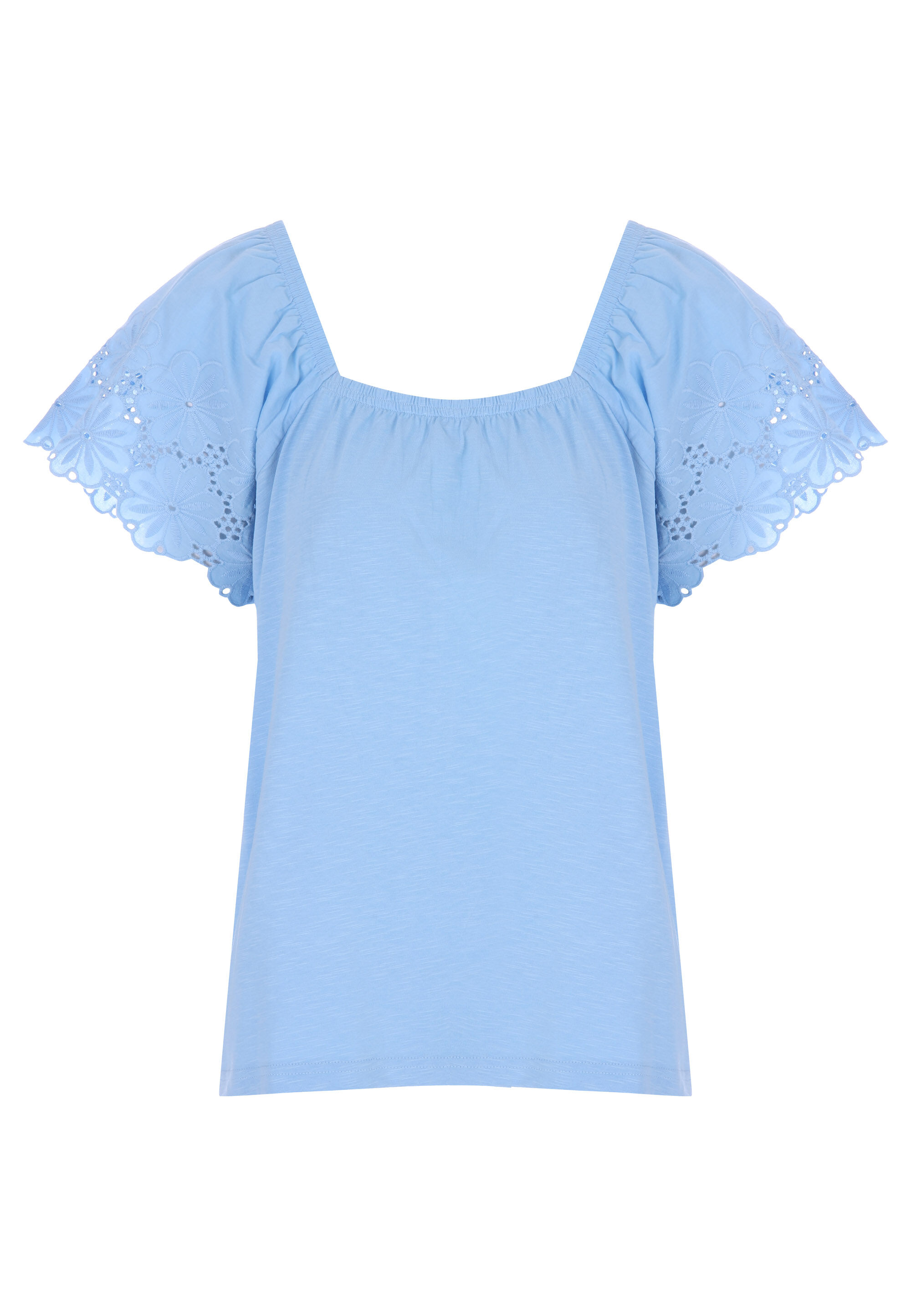 Womens Blue Square Neck Broderie Short Sleeve Top