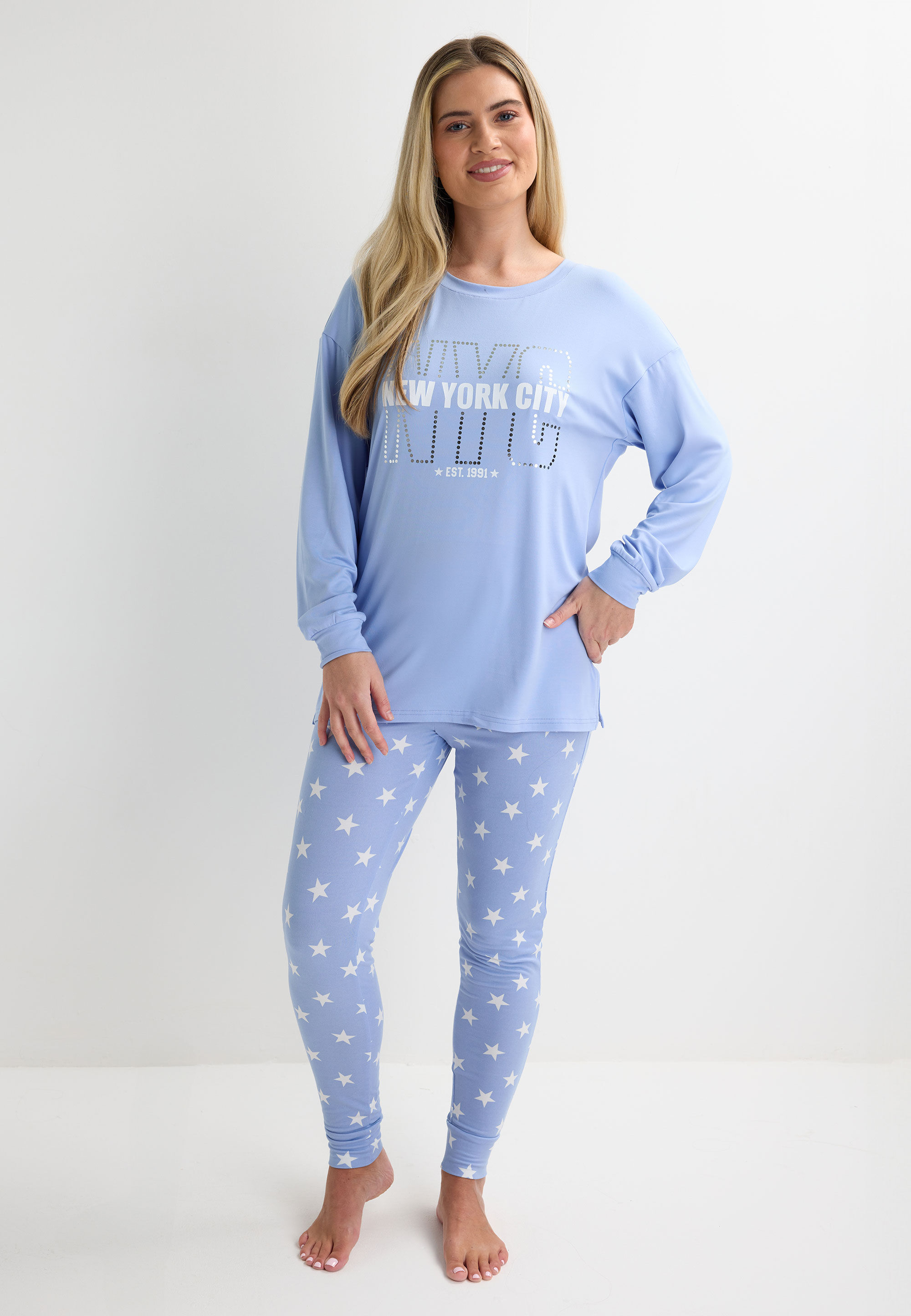 Womens Blue NYC Star Print Soft Touch Pyjama Set
