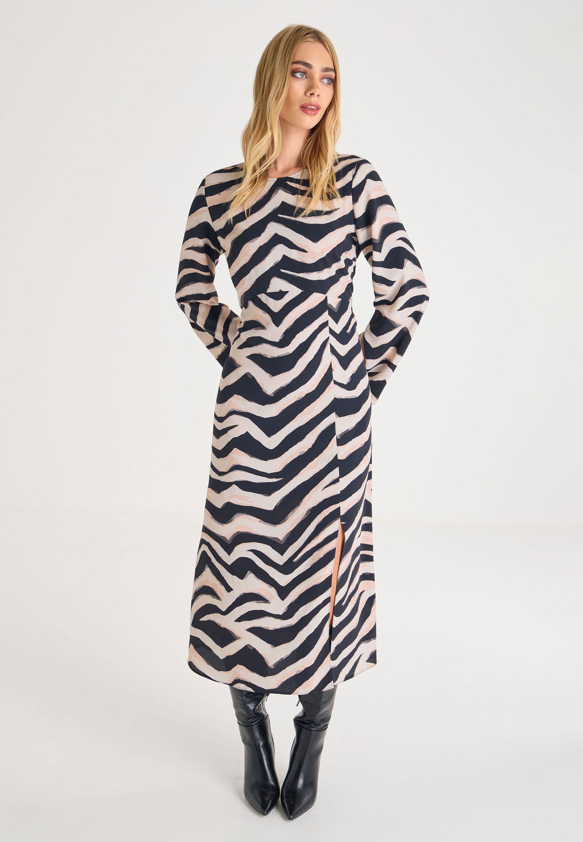 Womens Black & Cream Zebra Midi Dress