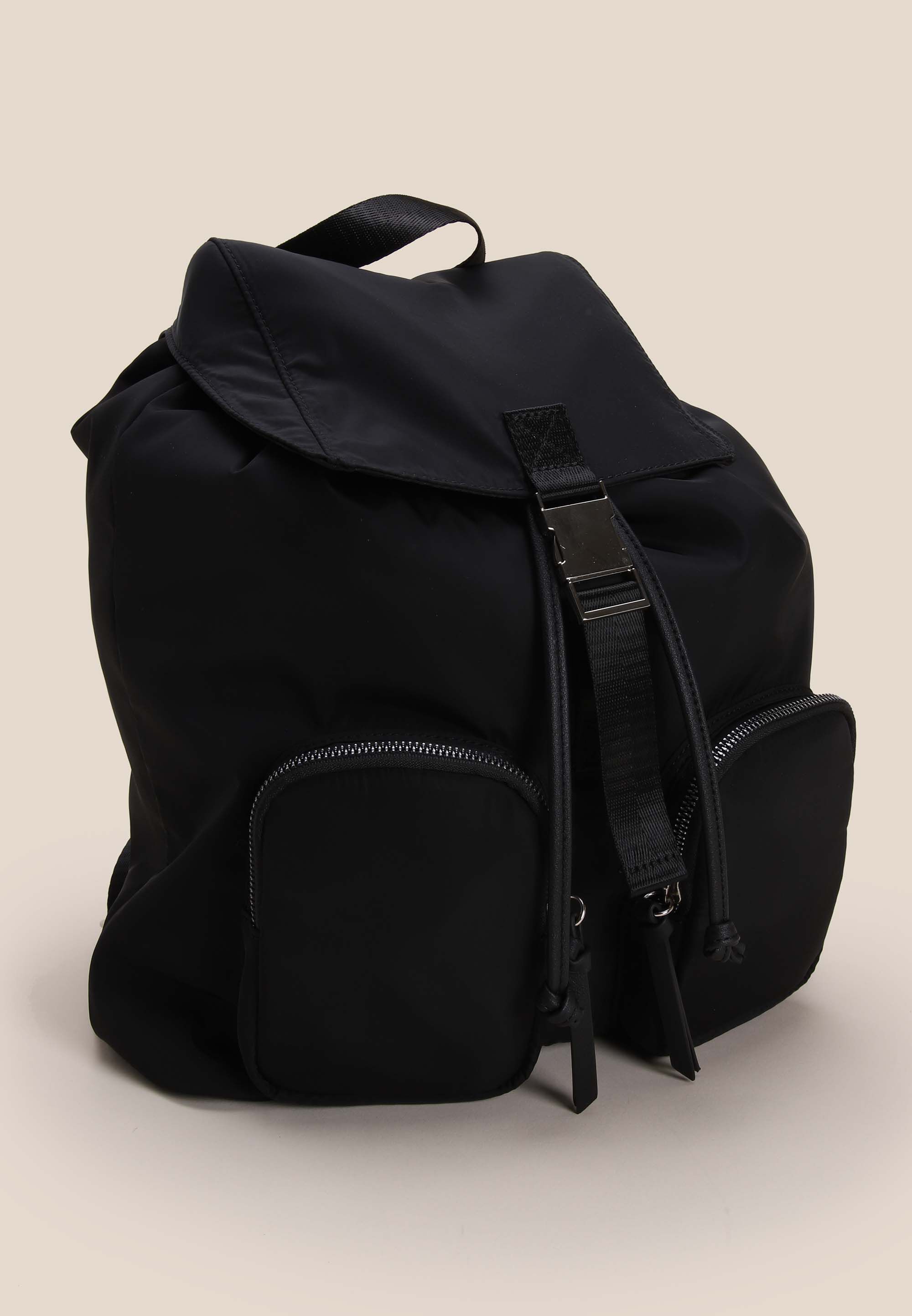 Womens Black Drawstring and Clasp Rucksack