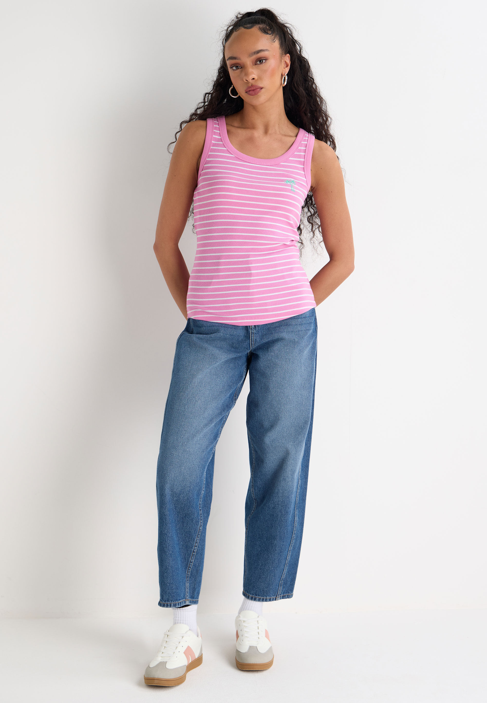 Womens Pink Stripe Palm Tree Embroidered Vest Top