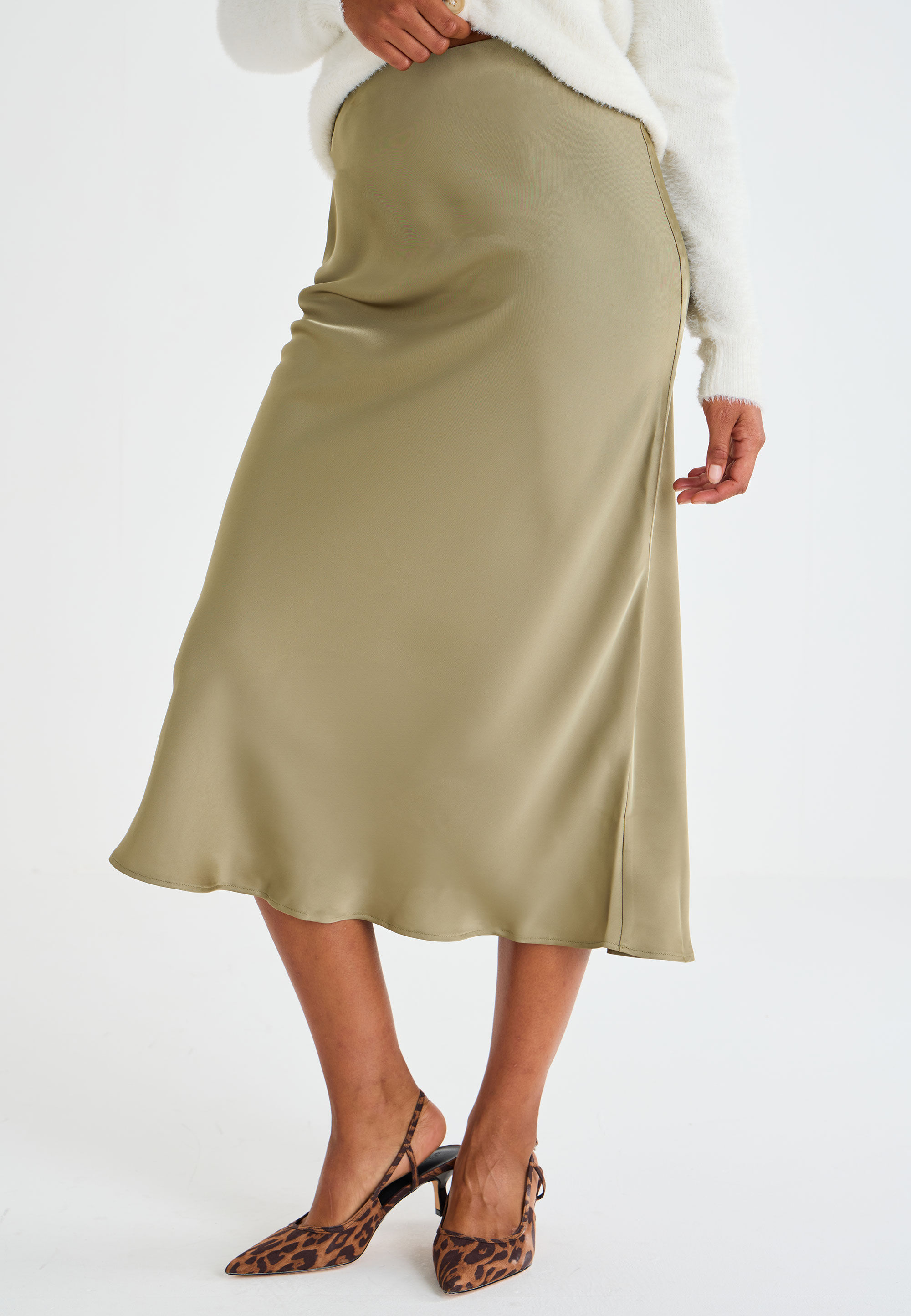 Womens Khaki Plain Satin Midi Skirt