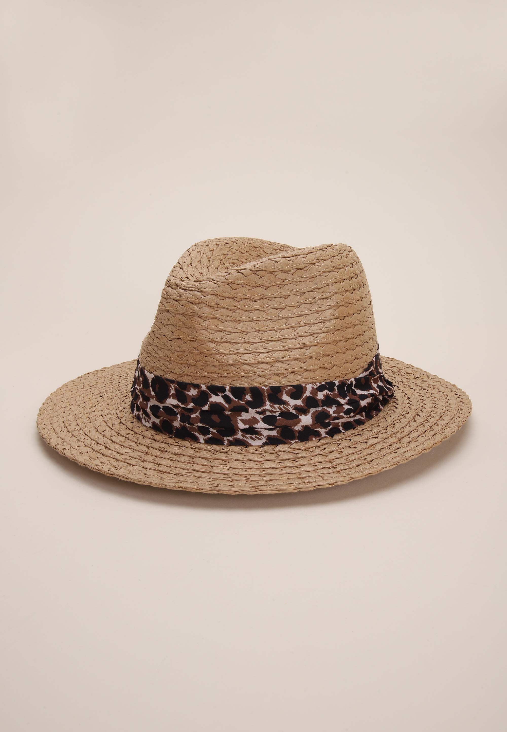 Womens Natural &Leopard Print Band Fedora Hat