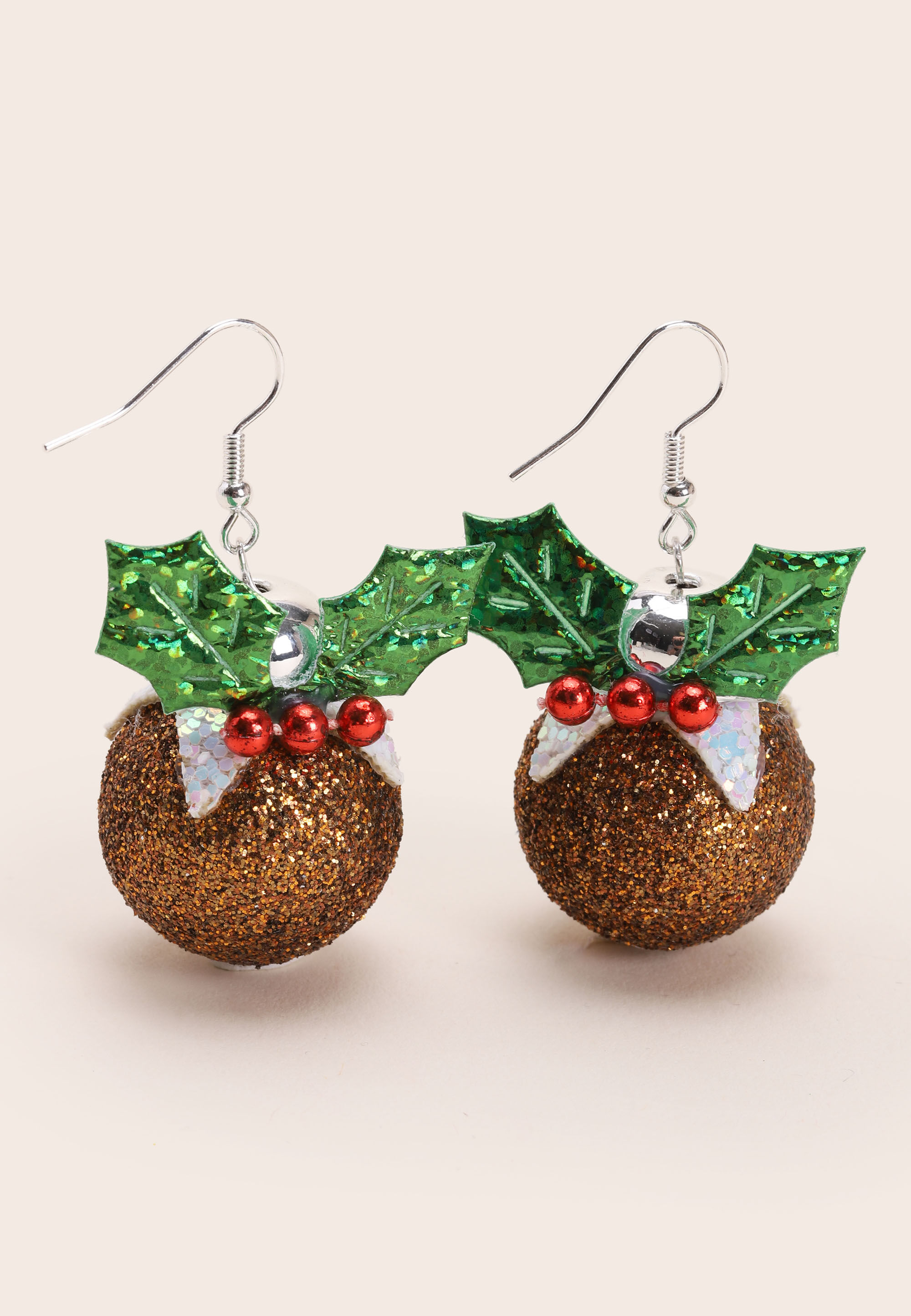 Womens Brown Glitter Christmas Pudding Earrings