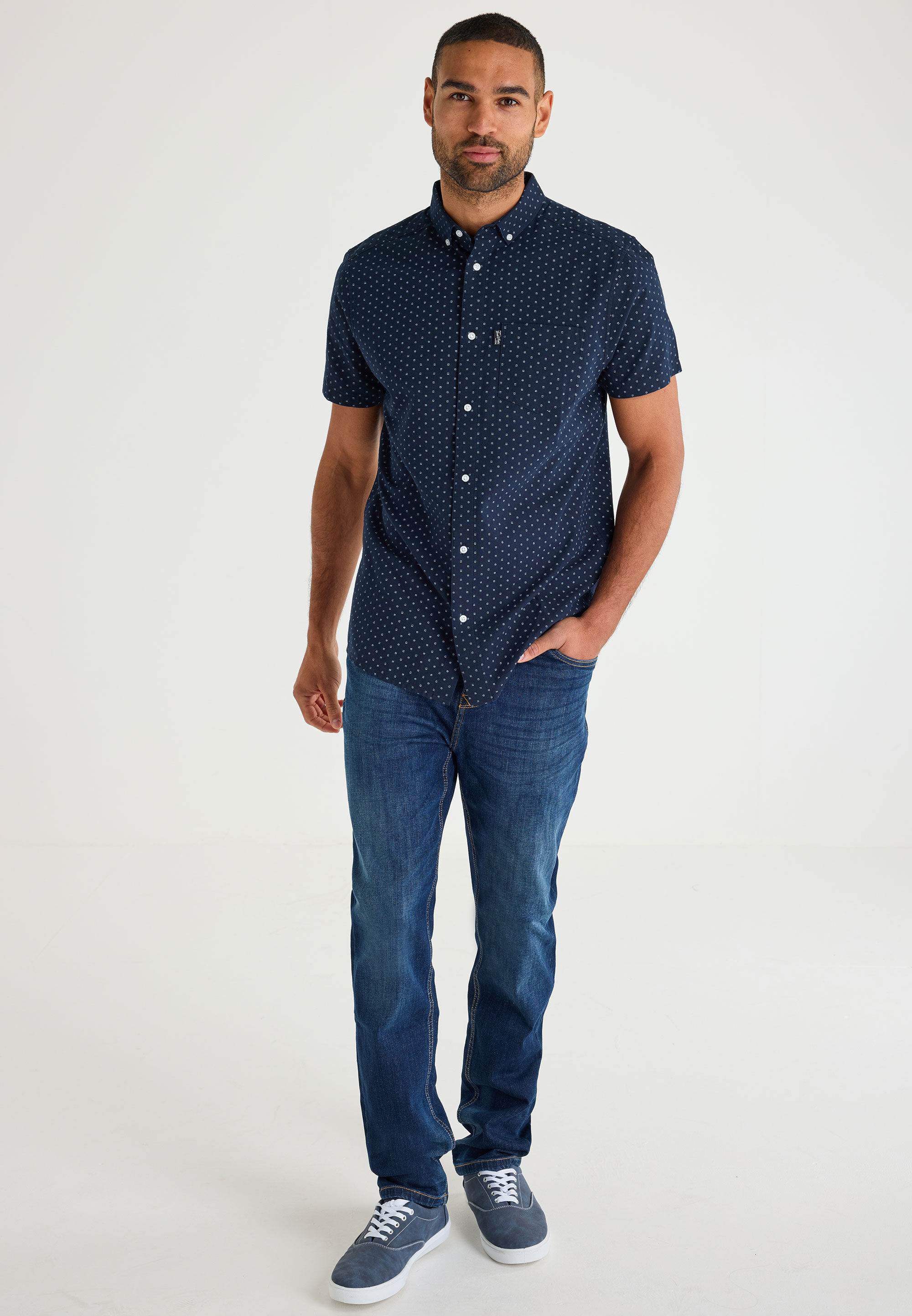 Mens Navy Printed Short Sleeve Oxford Shirt
