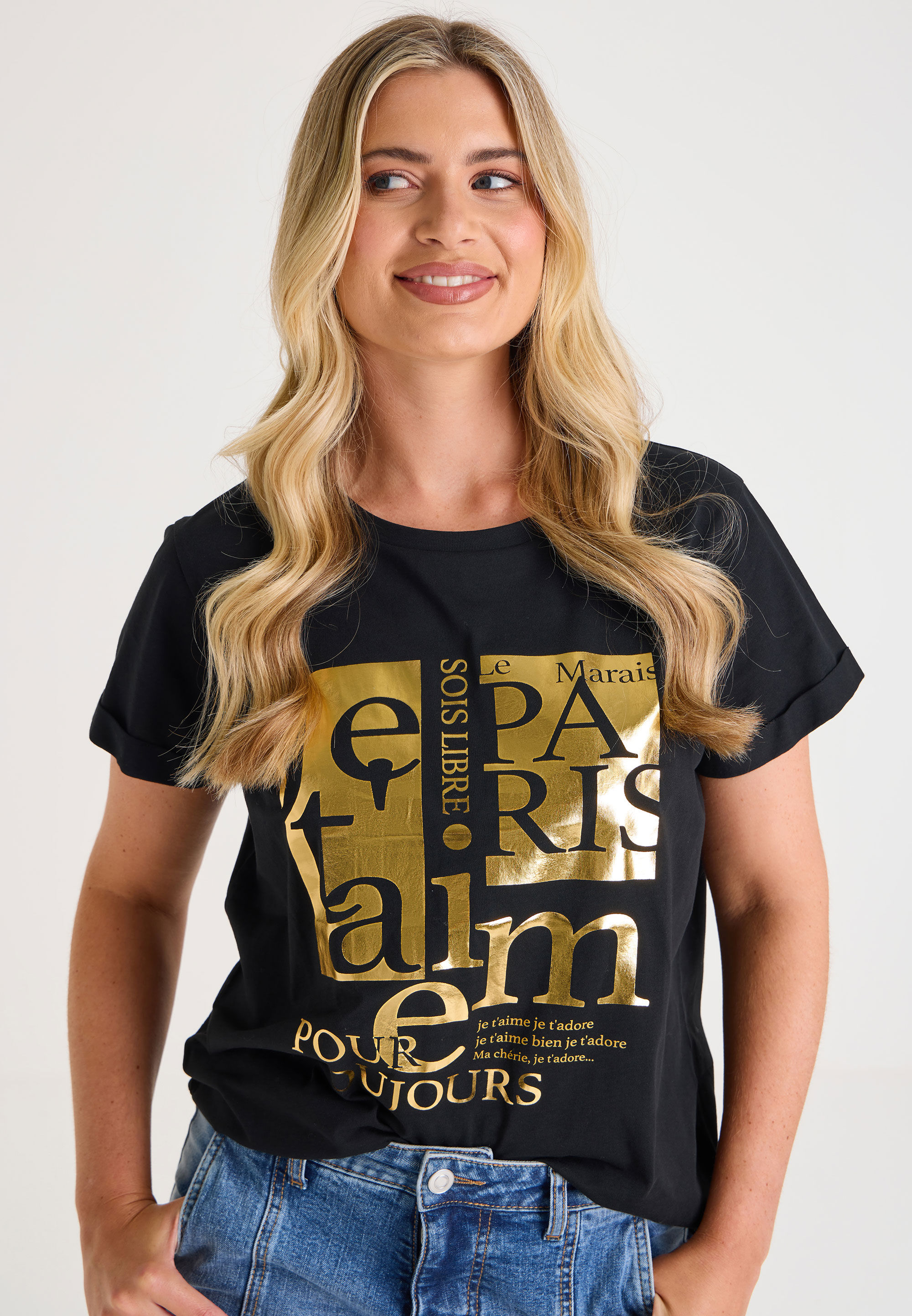 Womens Black & Gold Foil Paris Graphic T-Shirt