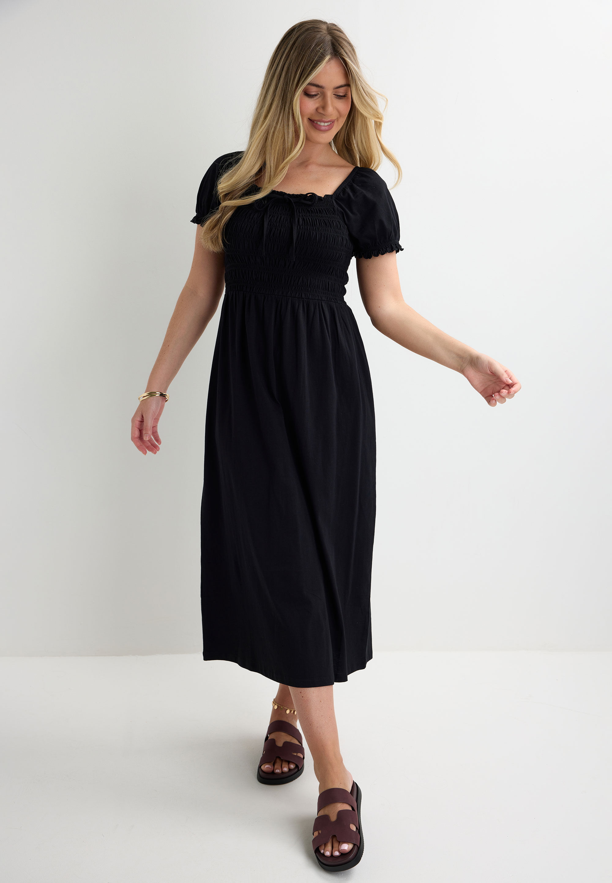 Womens Black Shirred Milkmaid Tie Detail Midi Dress