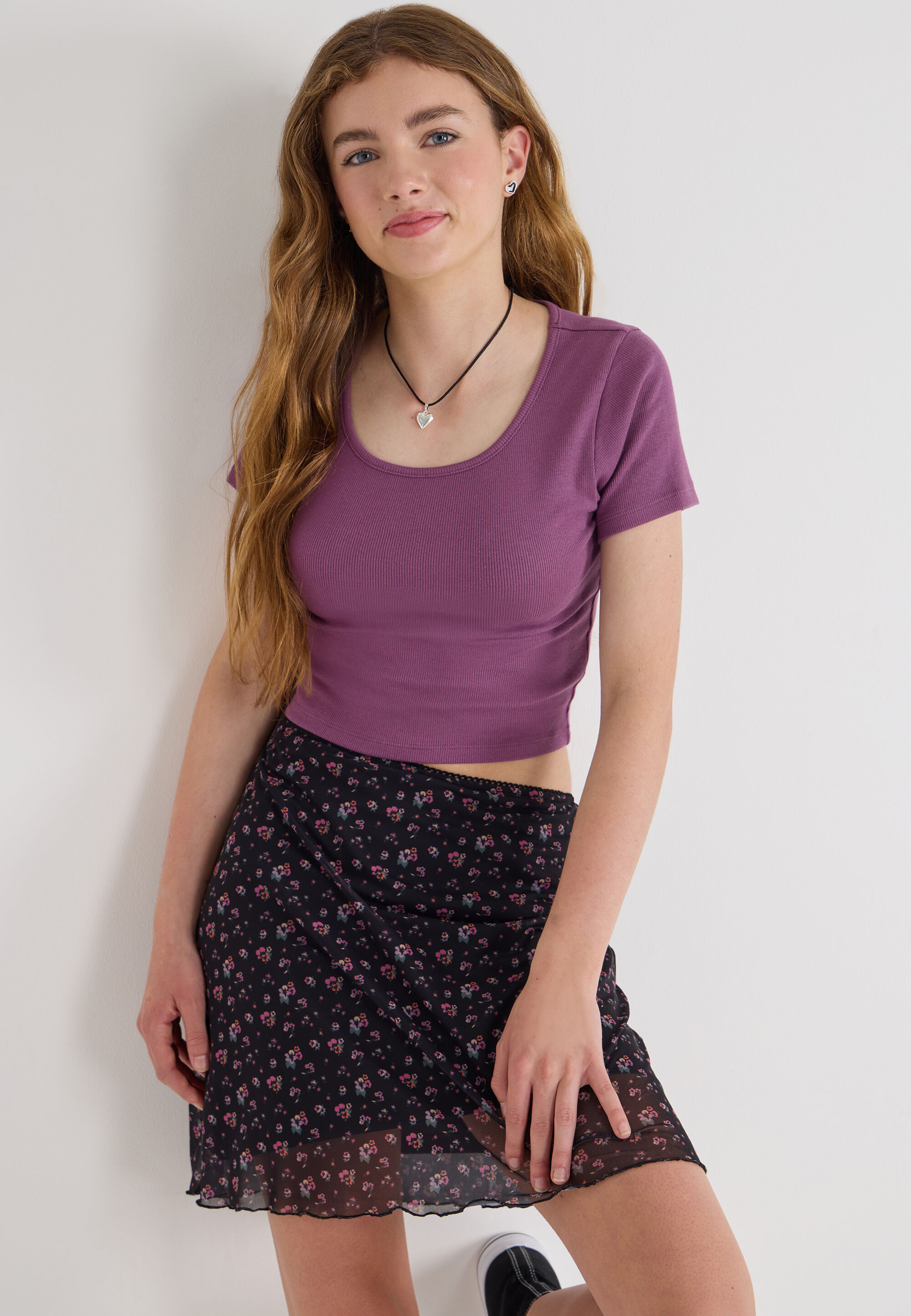 Older Girls Black Floral Print Mesh Skirt