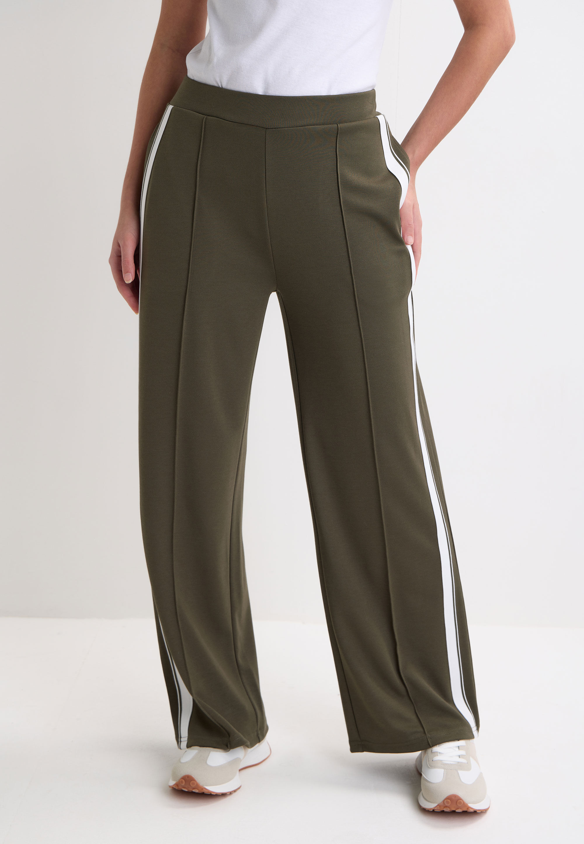 Womens Khaki & White Stripe Wide Leg Trousers