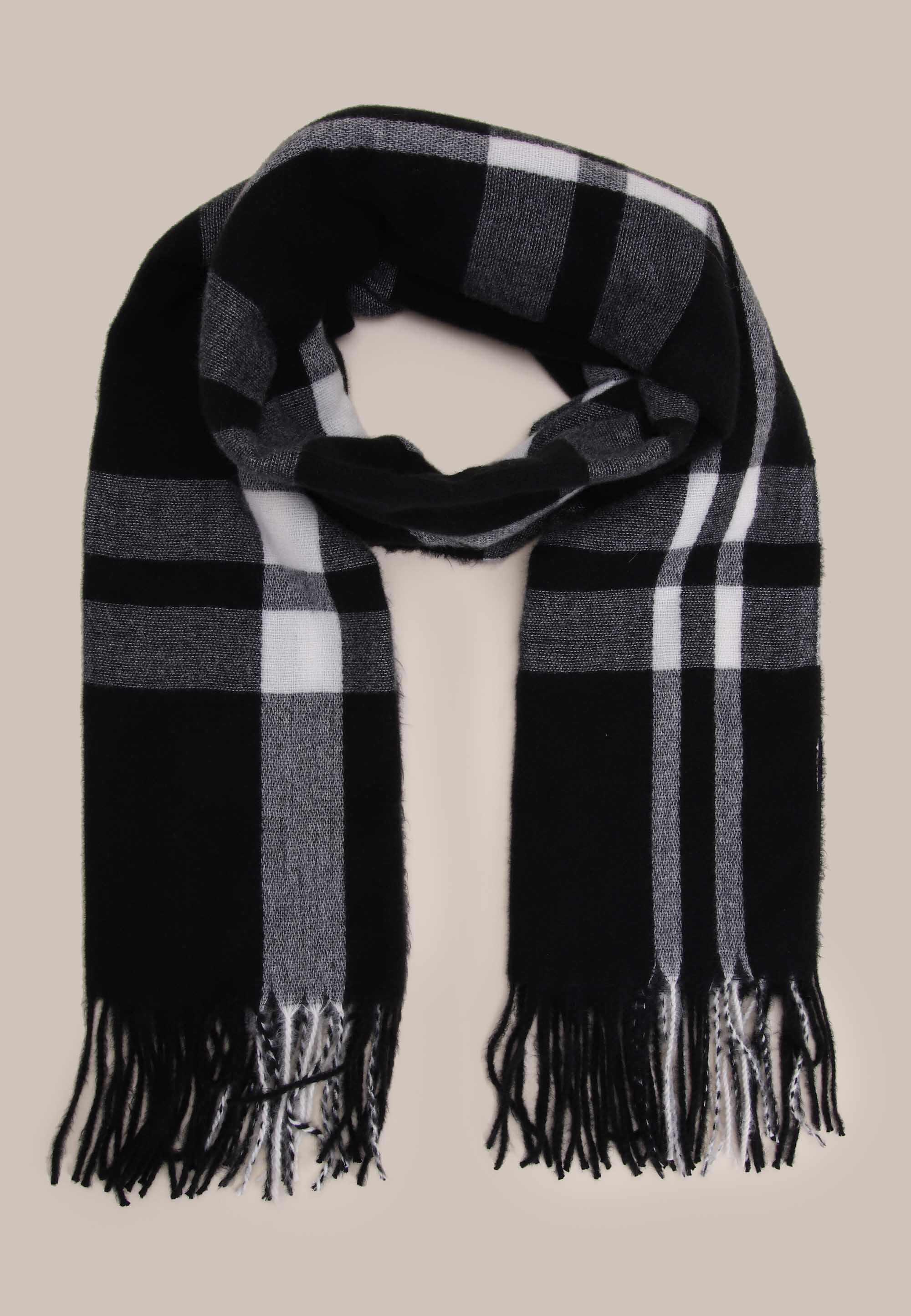Womens Black and White Fringed Check Scarf