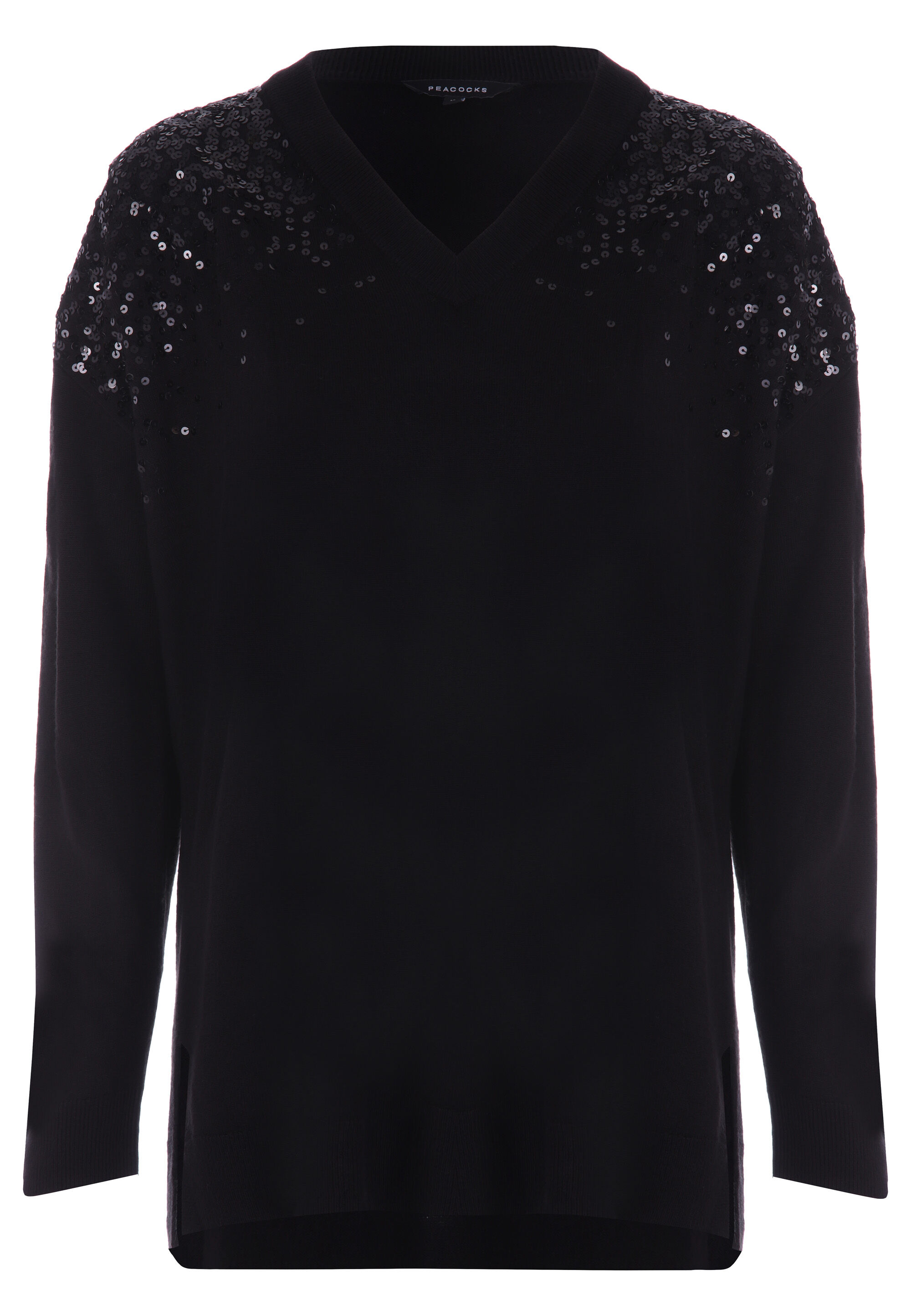 Womens Black Sequin V Neck Tunic Jumper