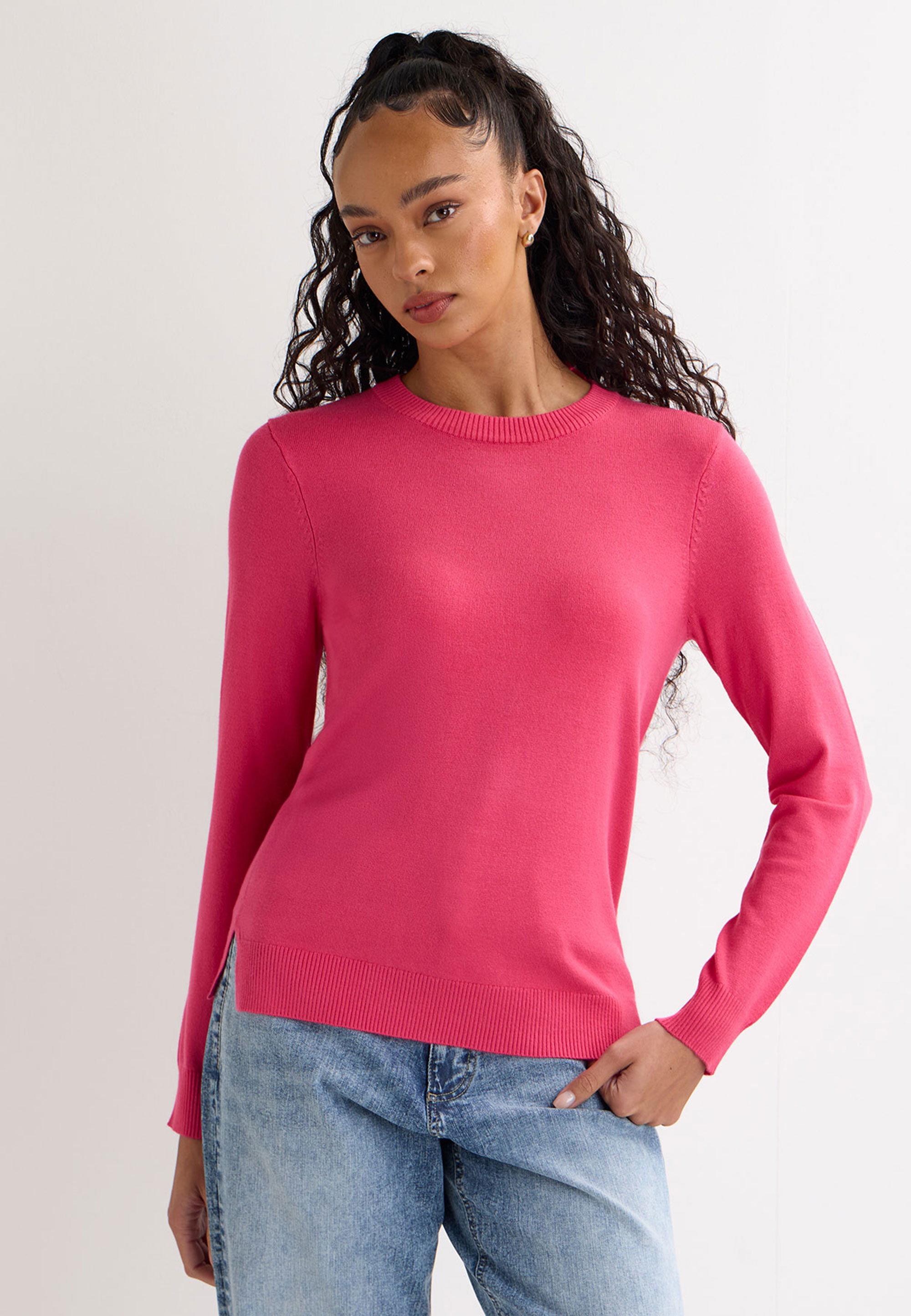 Womens Hot Pink Plain Crew Neck Jumper