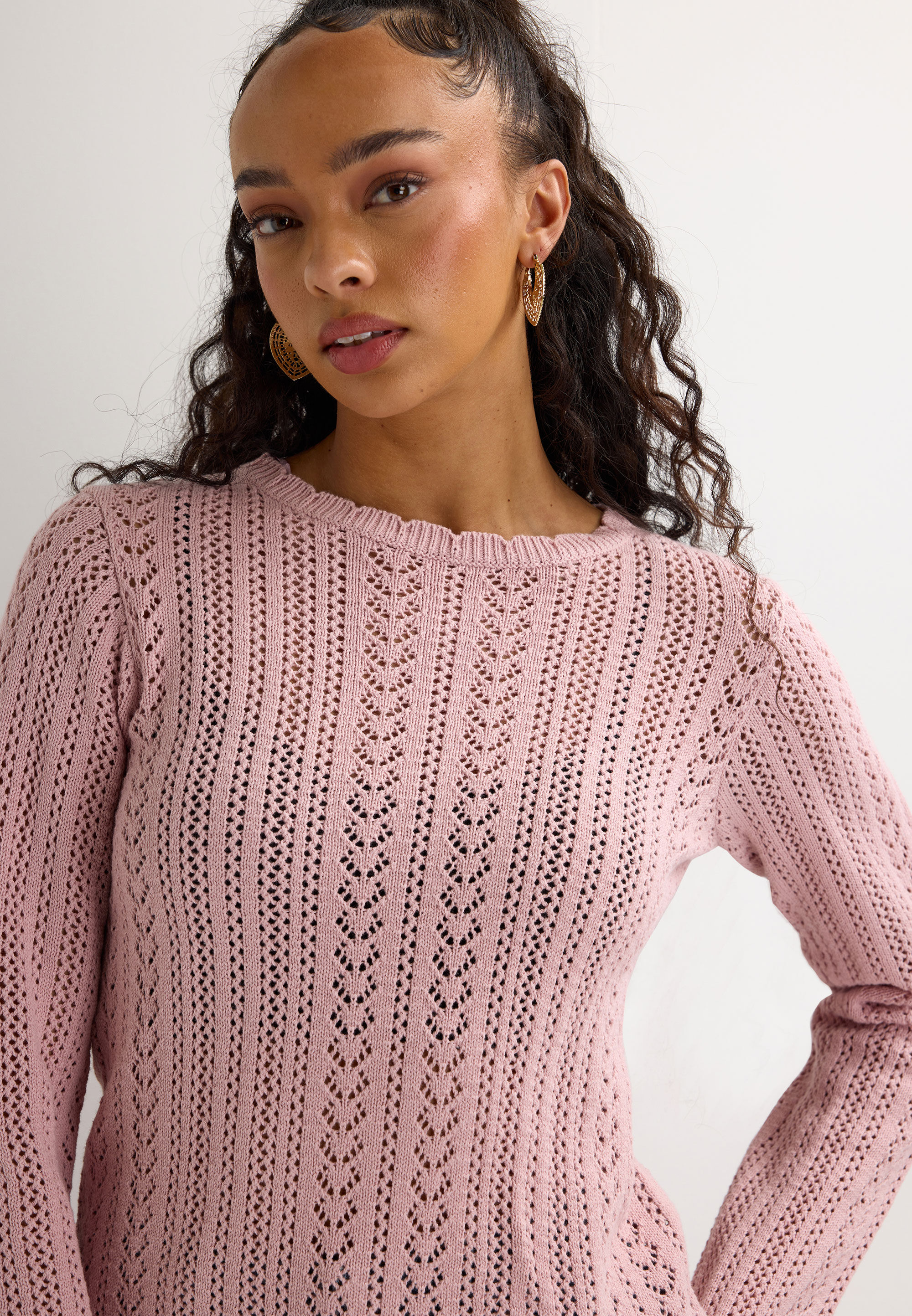 Womens Pink Crochet Knit Jumper