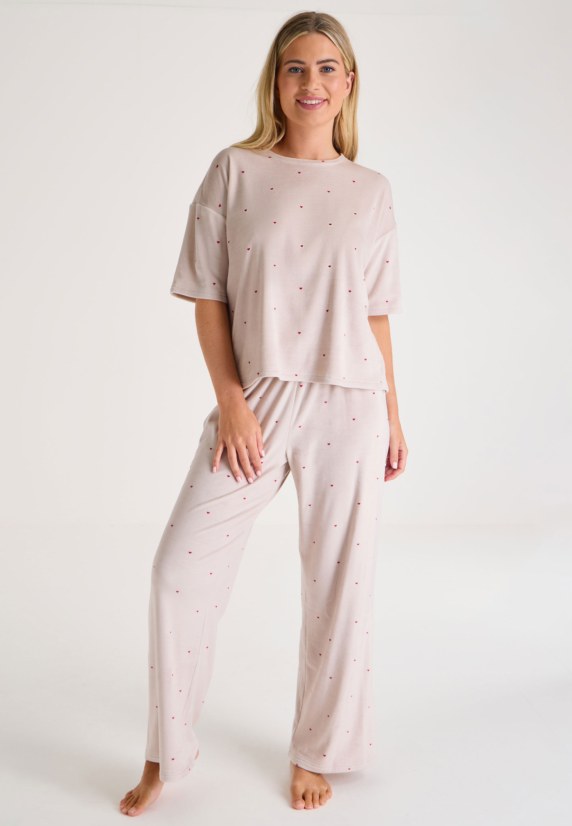 Womens Cream Heart Print Wide Leg Fleece Pyjama Bottoms
