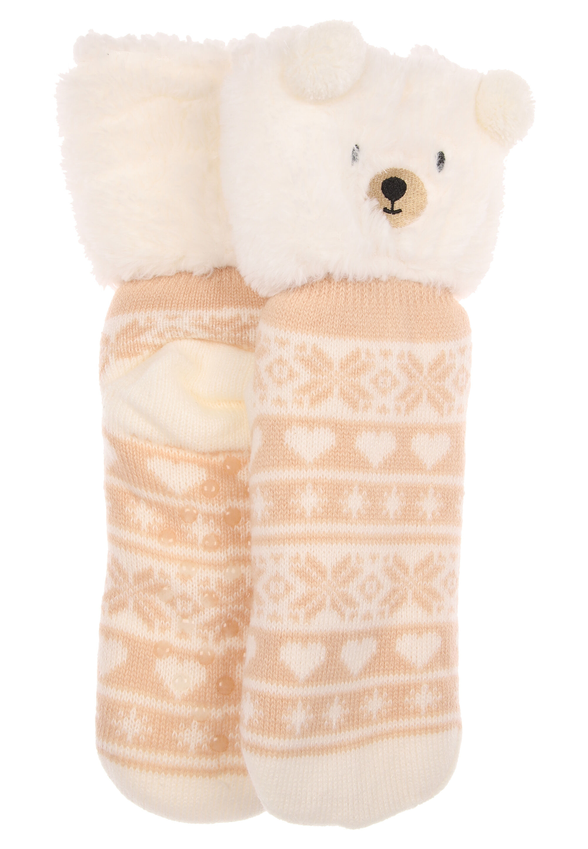 Womens 1pk Cream Fairisle Bear Slipper Socks