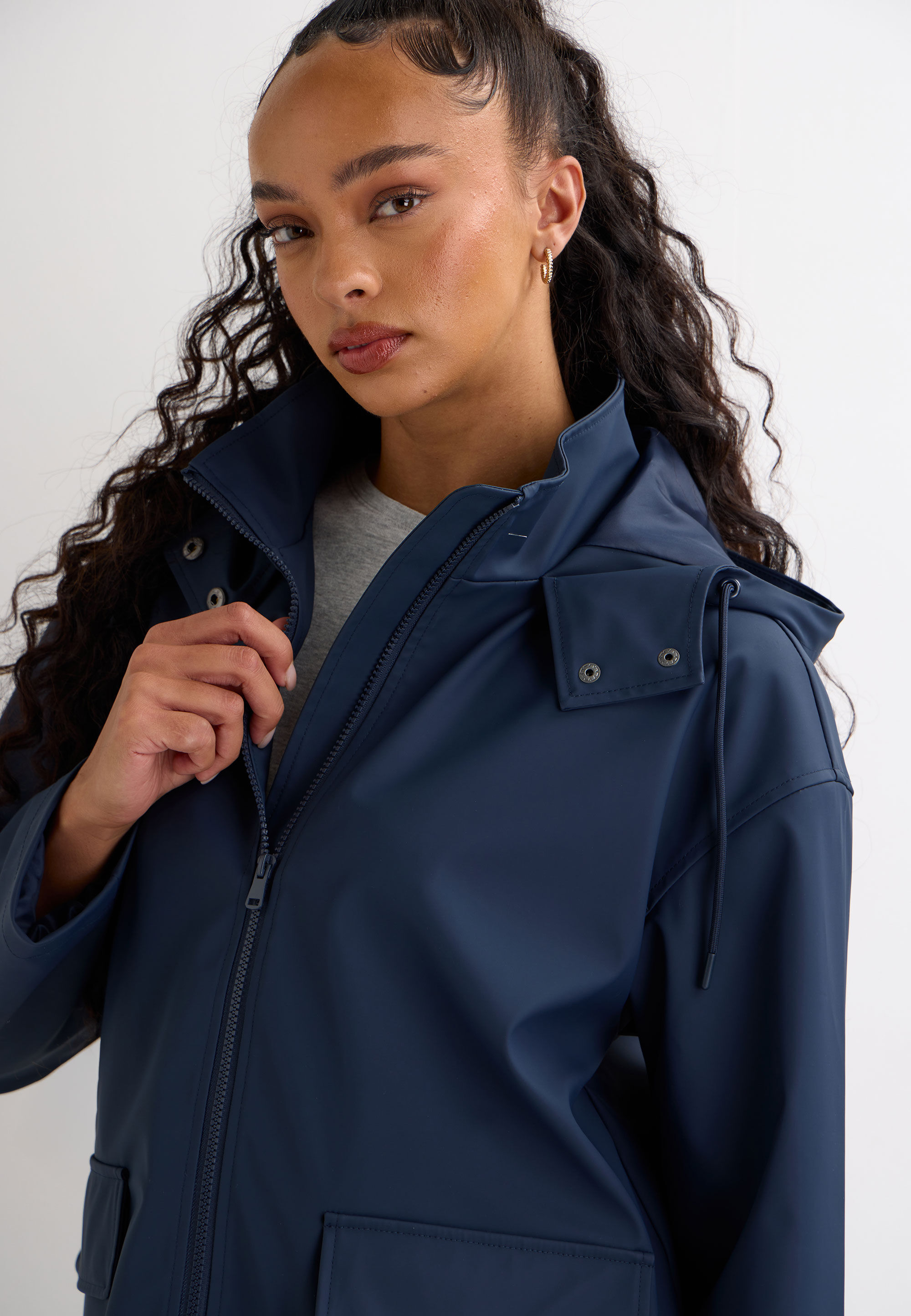 Womens Navy Rubber Patch Pocket Coat