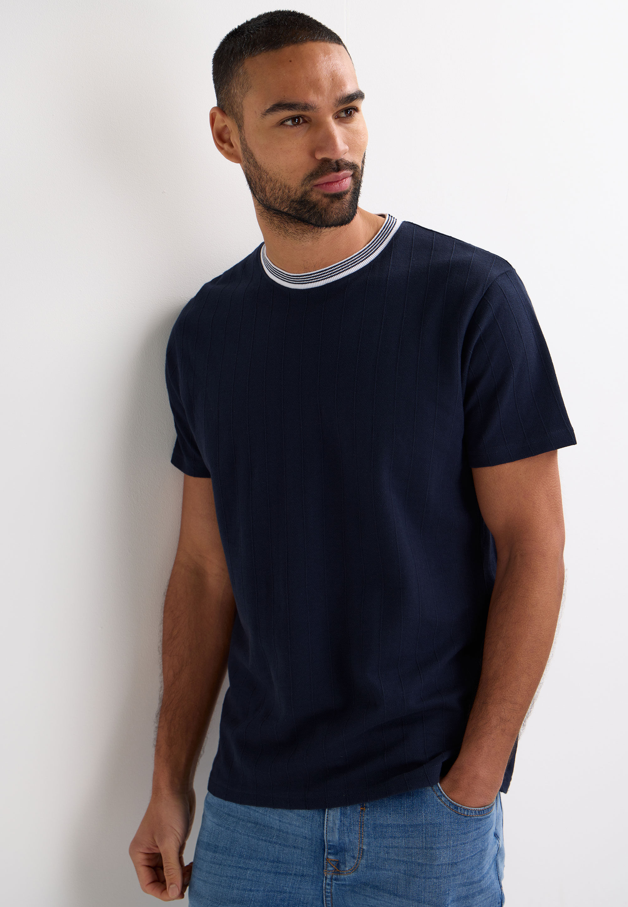 Mens Navy Tipped Cotton T-Shirt