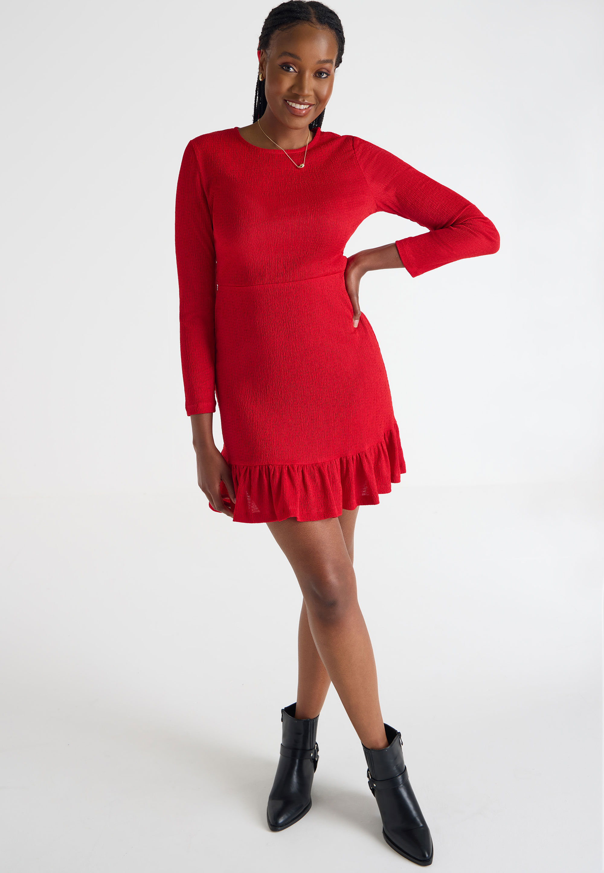 Womens Red Plain Frill Hem Dress