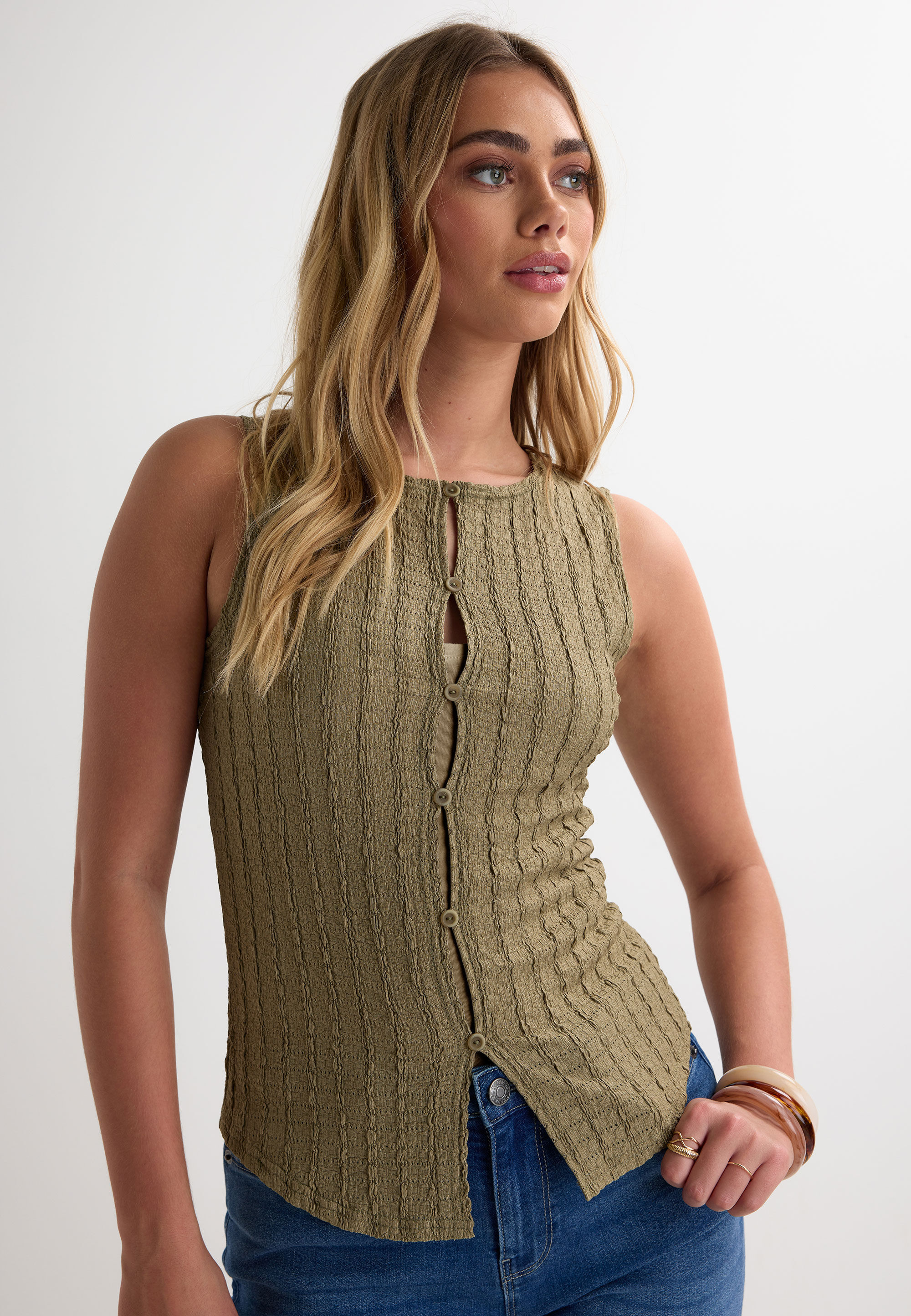 Womens Khaki Textured Button Front Top