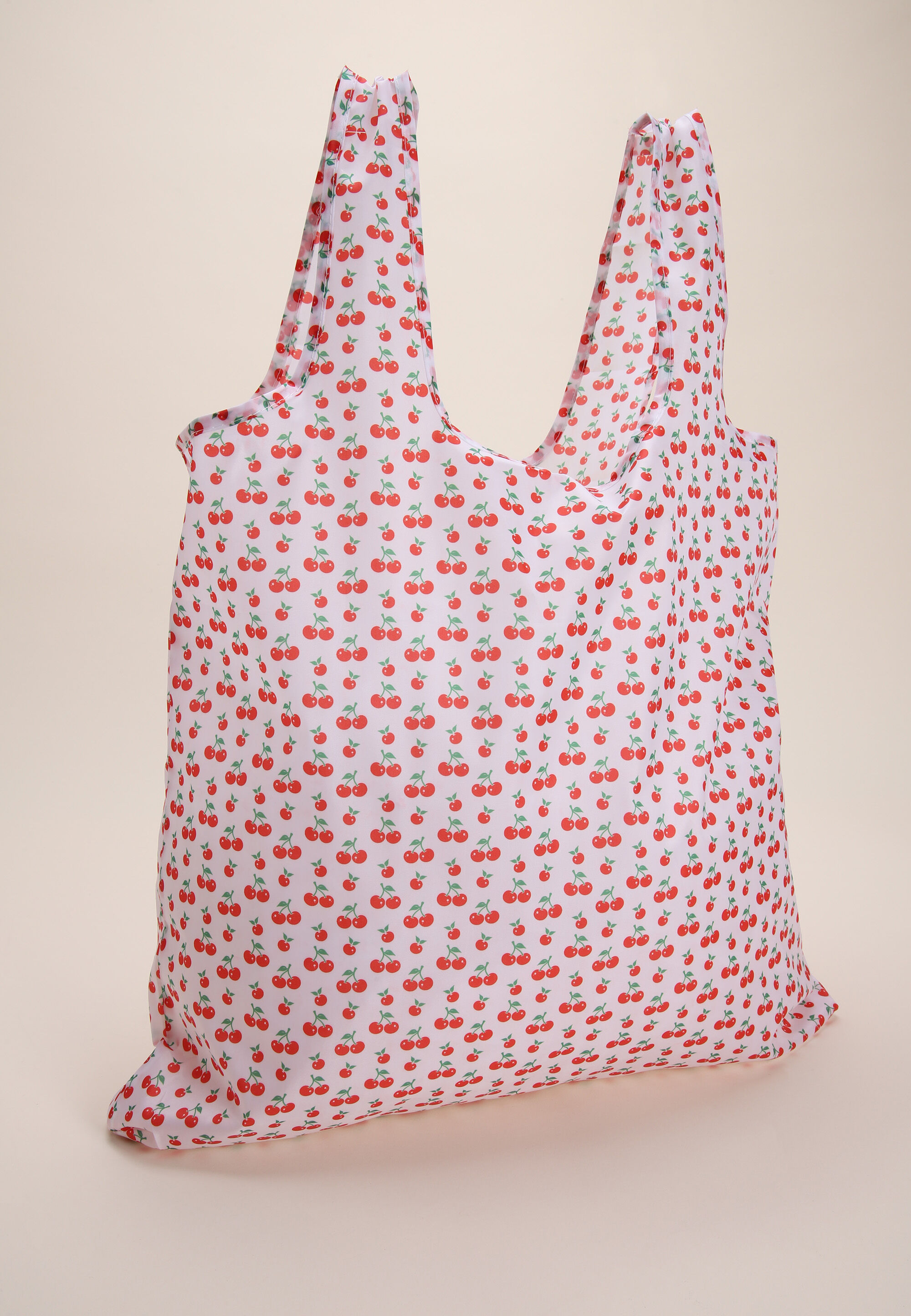 Womens White & Red Cherry Foldable Shopper Tote Bag