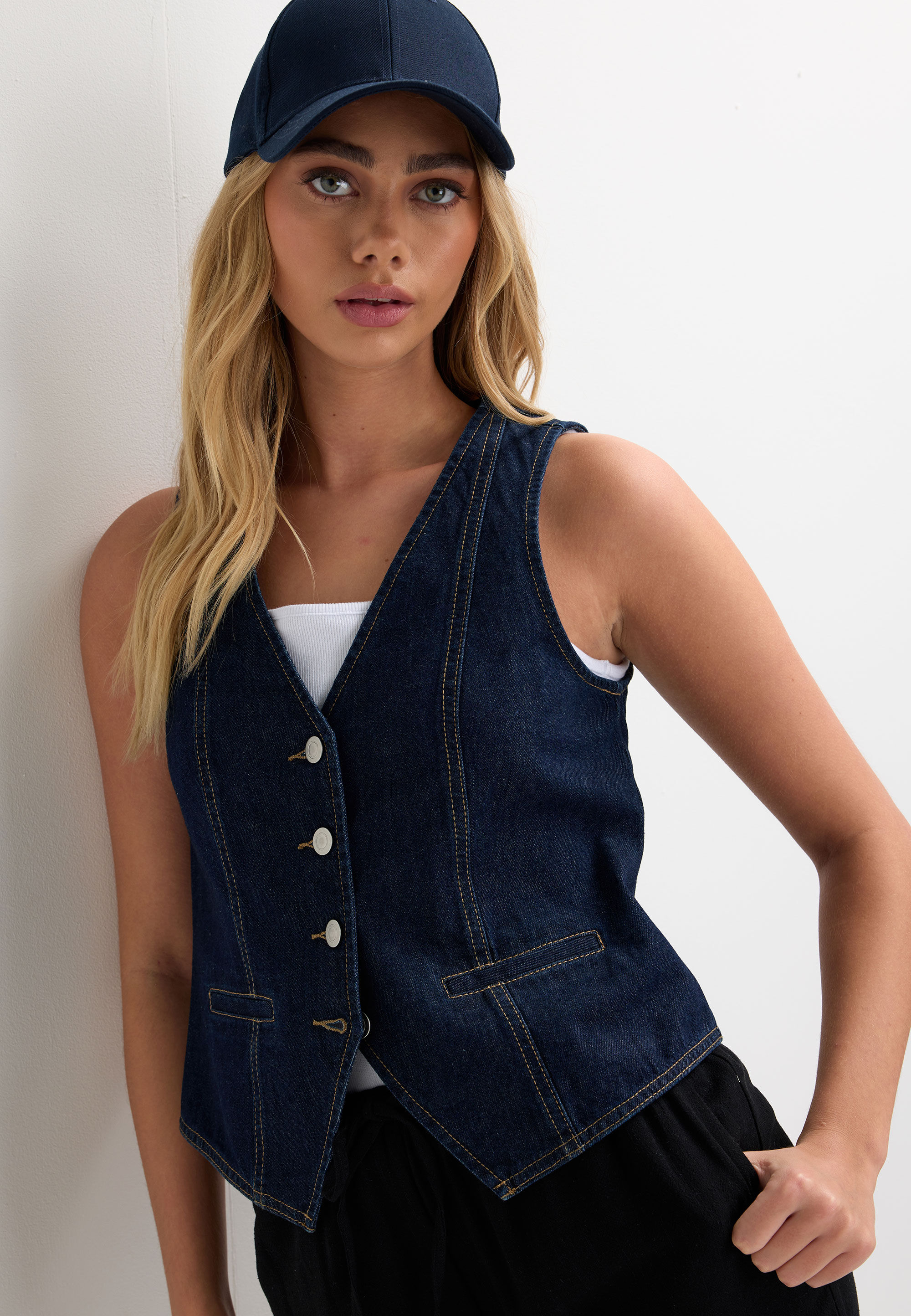 Womens Indigo Denim Front Button Waistcoat