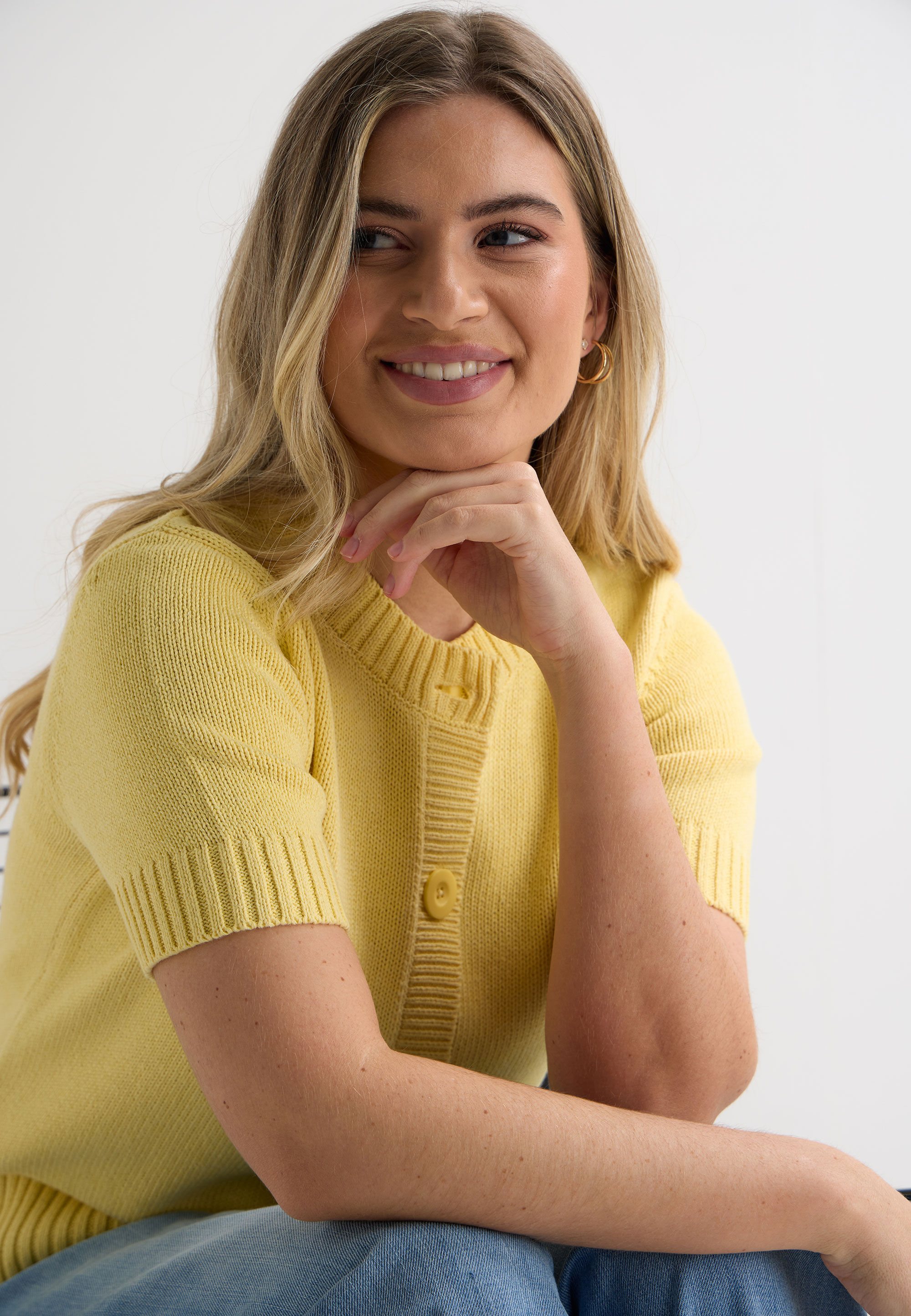 Womens Yellow Button Front Short Sleeve Cardigan