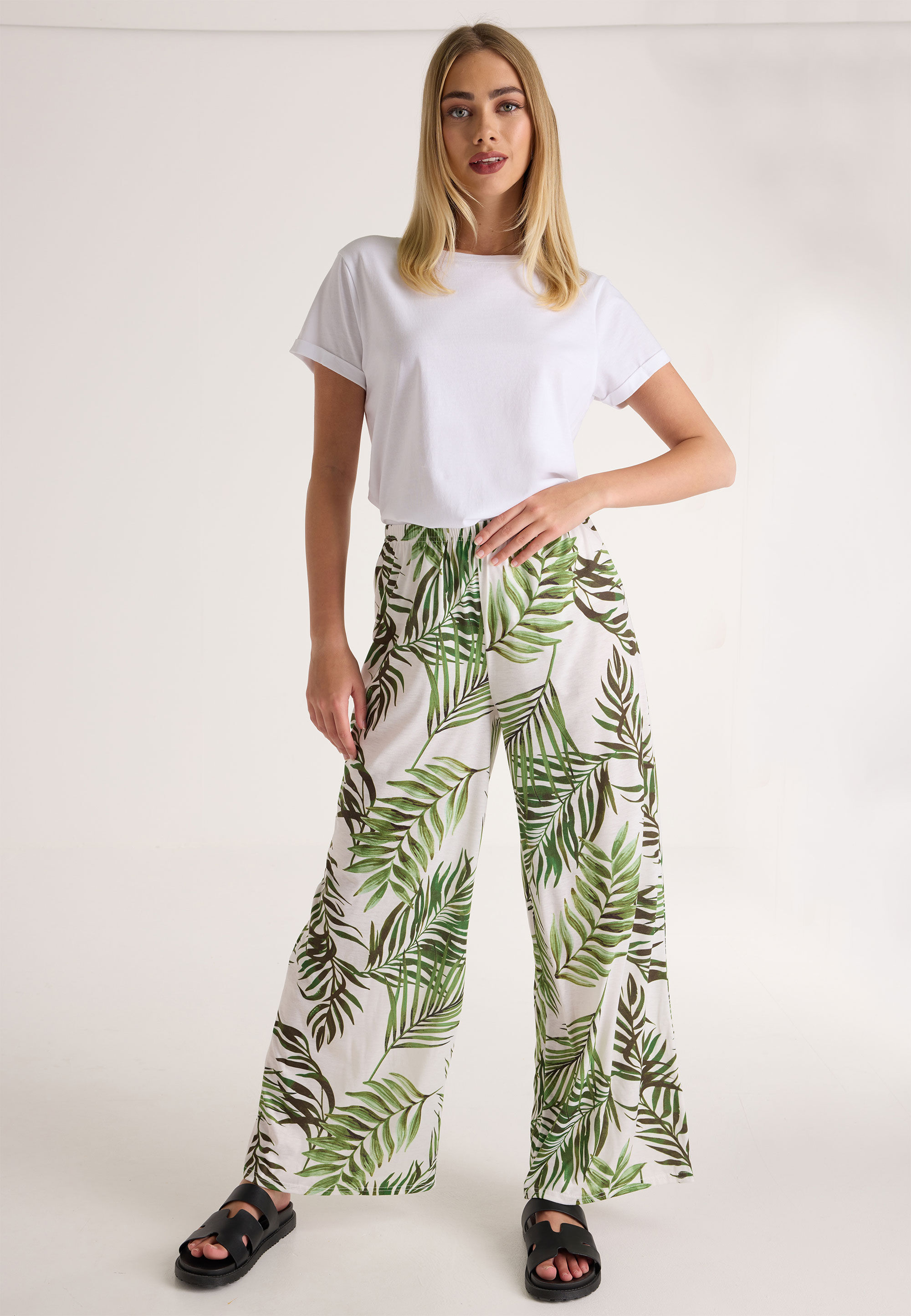 Womens Cream & Green Palm Print Wide Leg Trousers