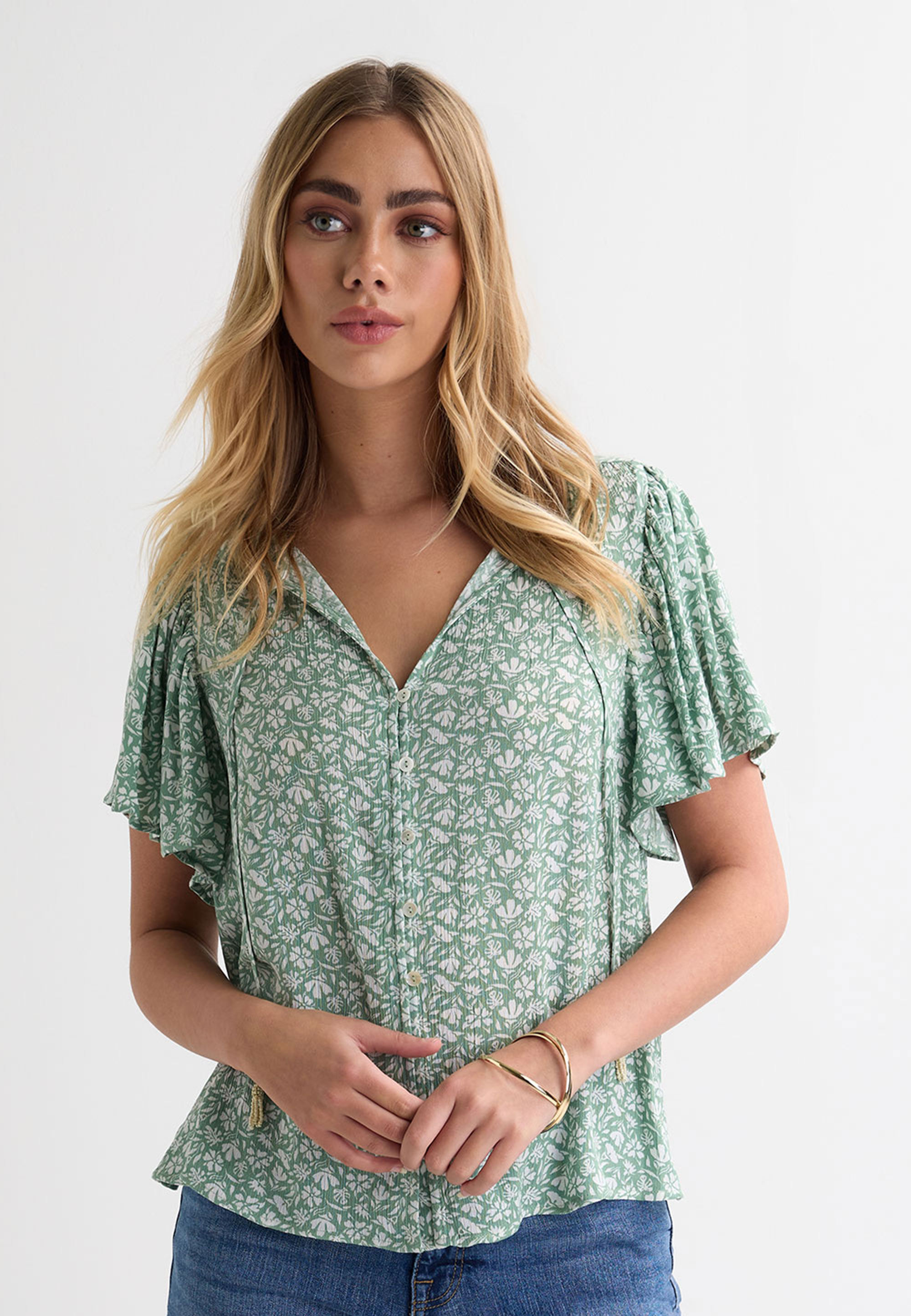 Womens Green Ditsy Flutter Sleeve Blouse Top