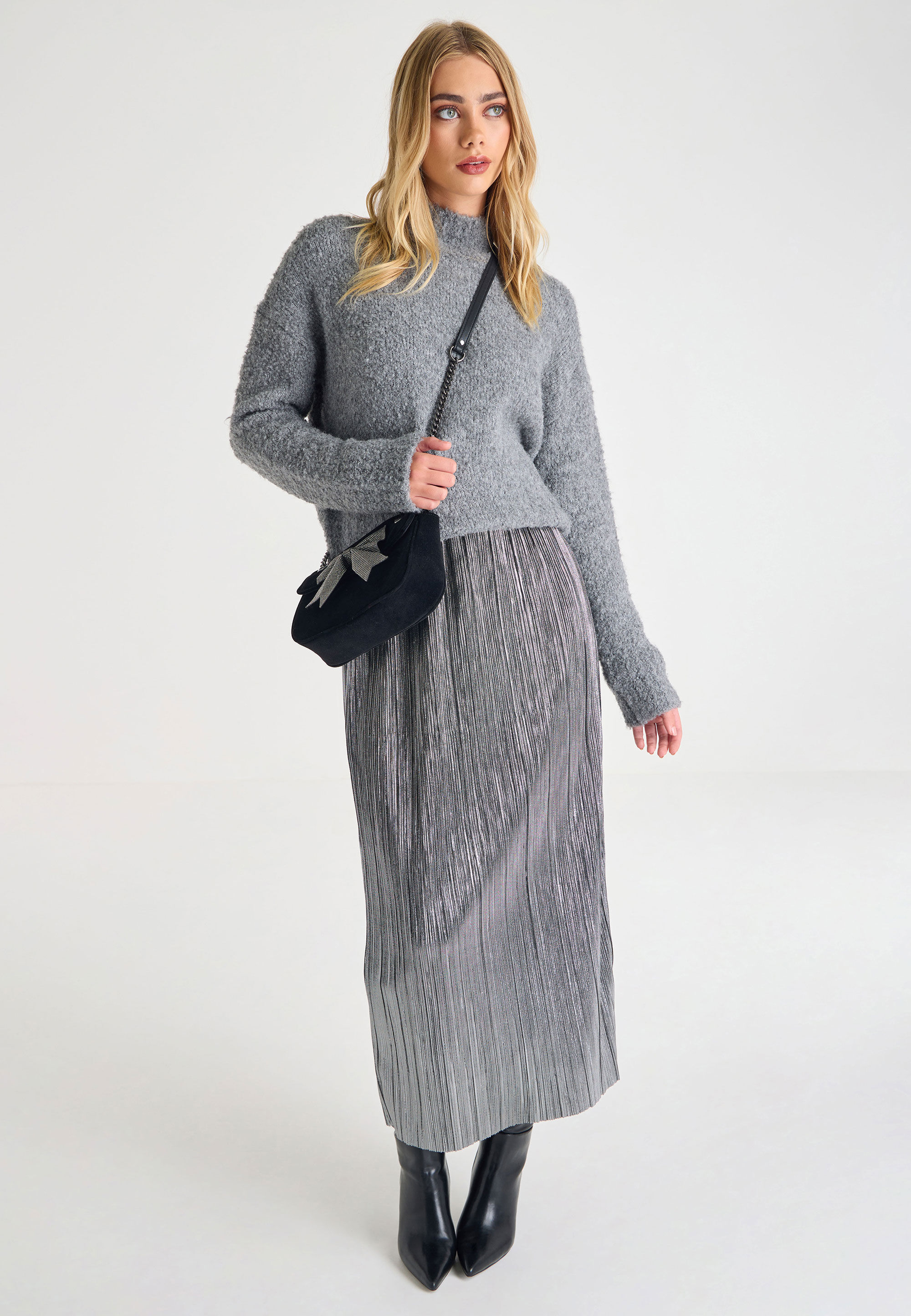 Womens Silver Plisse Midi Skirt