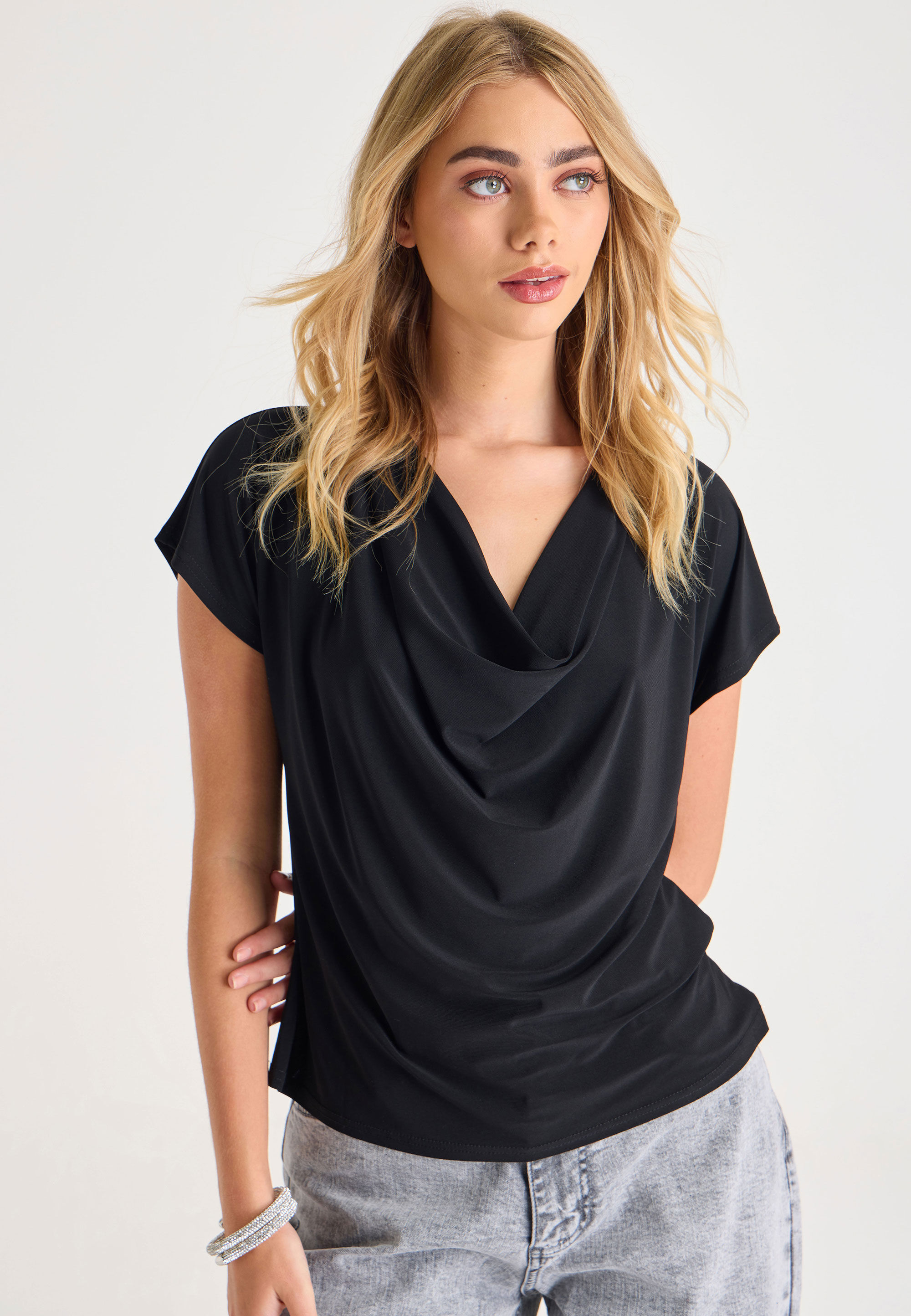 Womens Black Slinky Cowl Neck Top