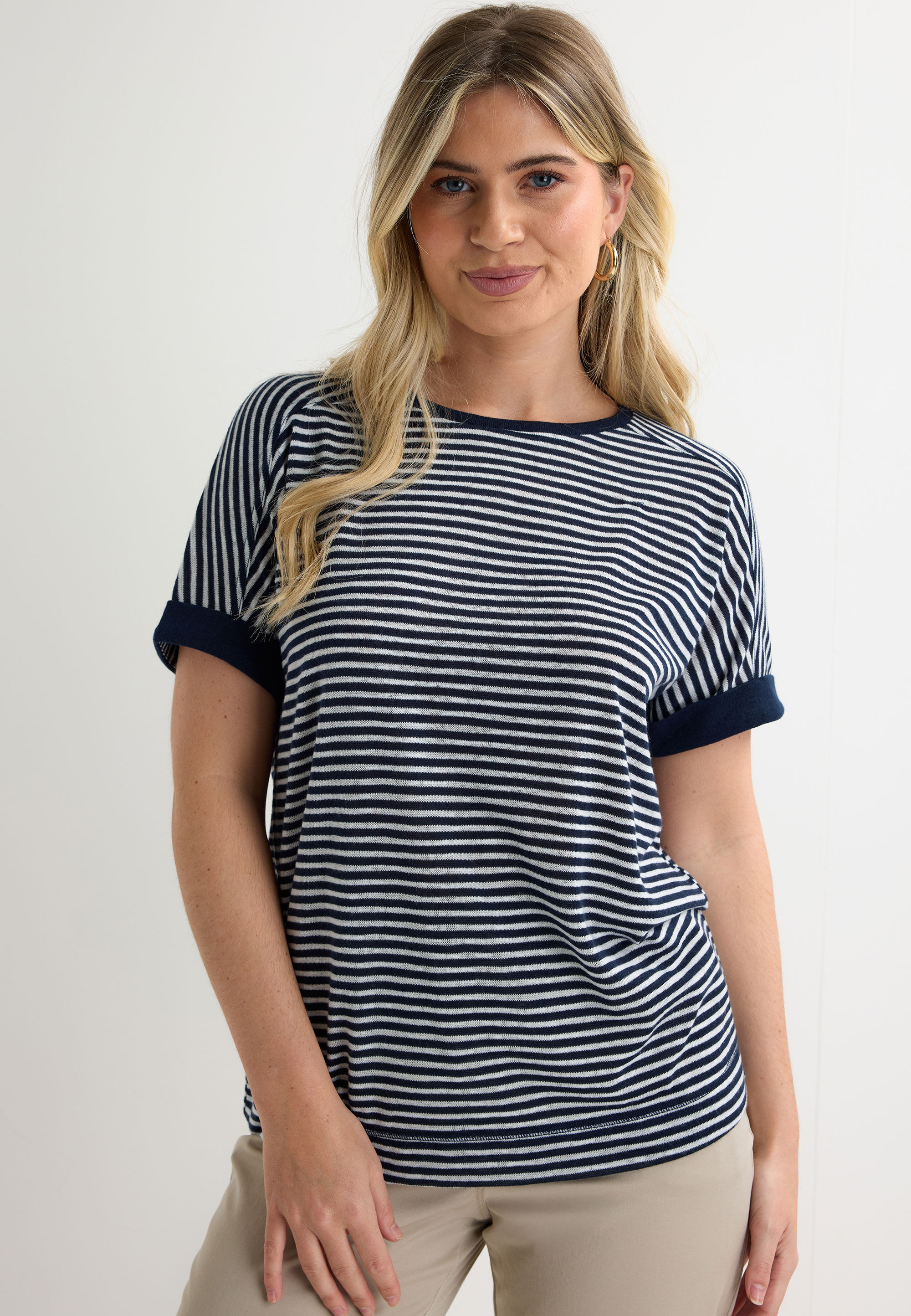 Womens Navy Stripe Linen Roll Sleeve Top