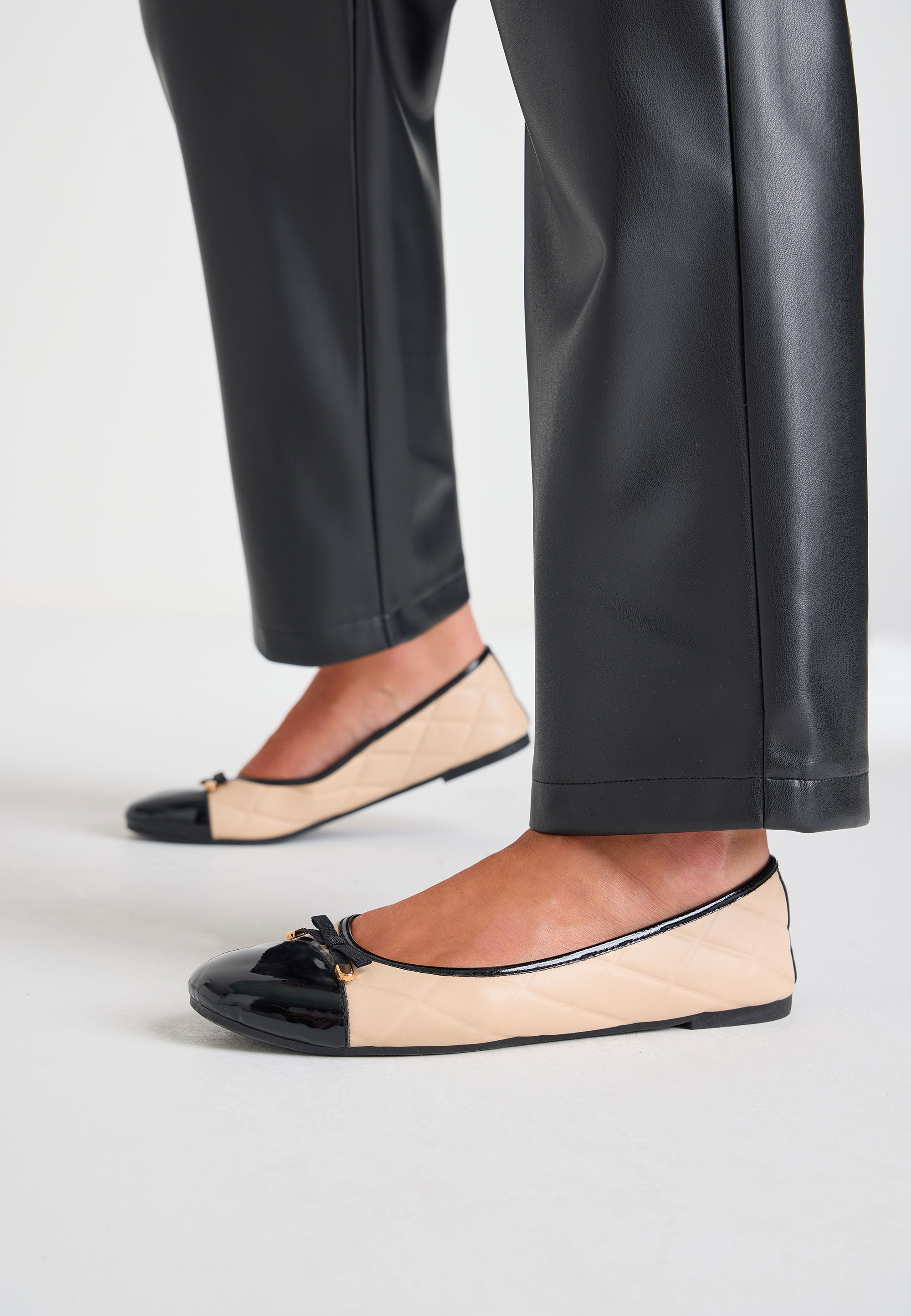 Womens Beige Quilted Bow Ballet Pumps