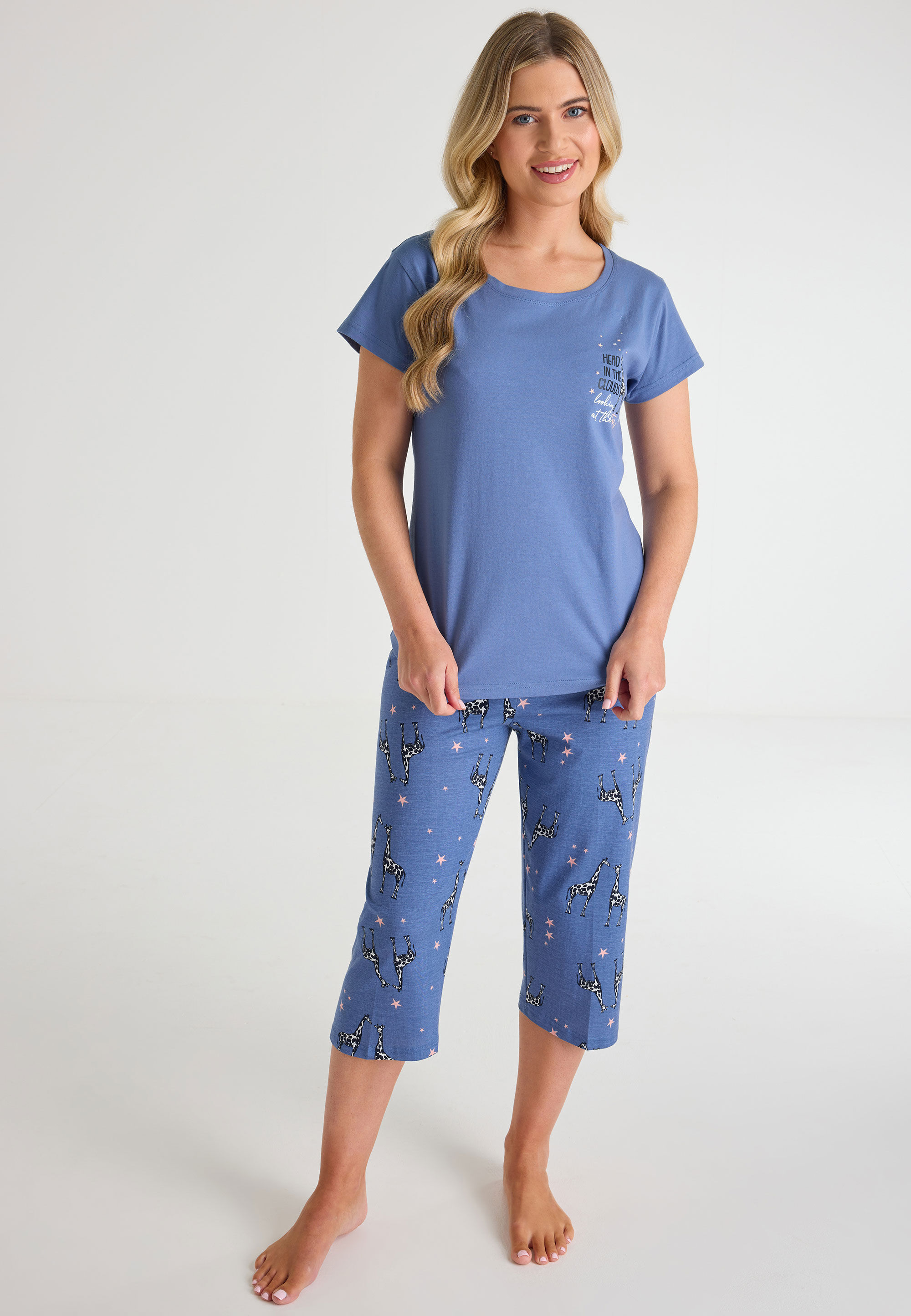 Womens Mid Blue Giraffe Print Pyjamas Set