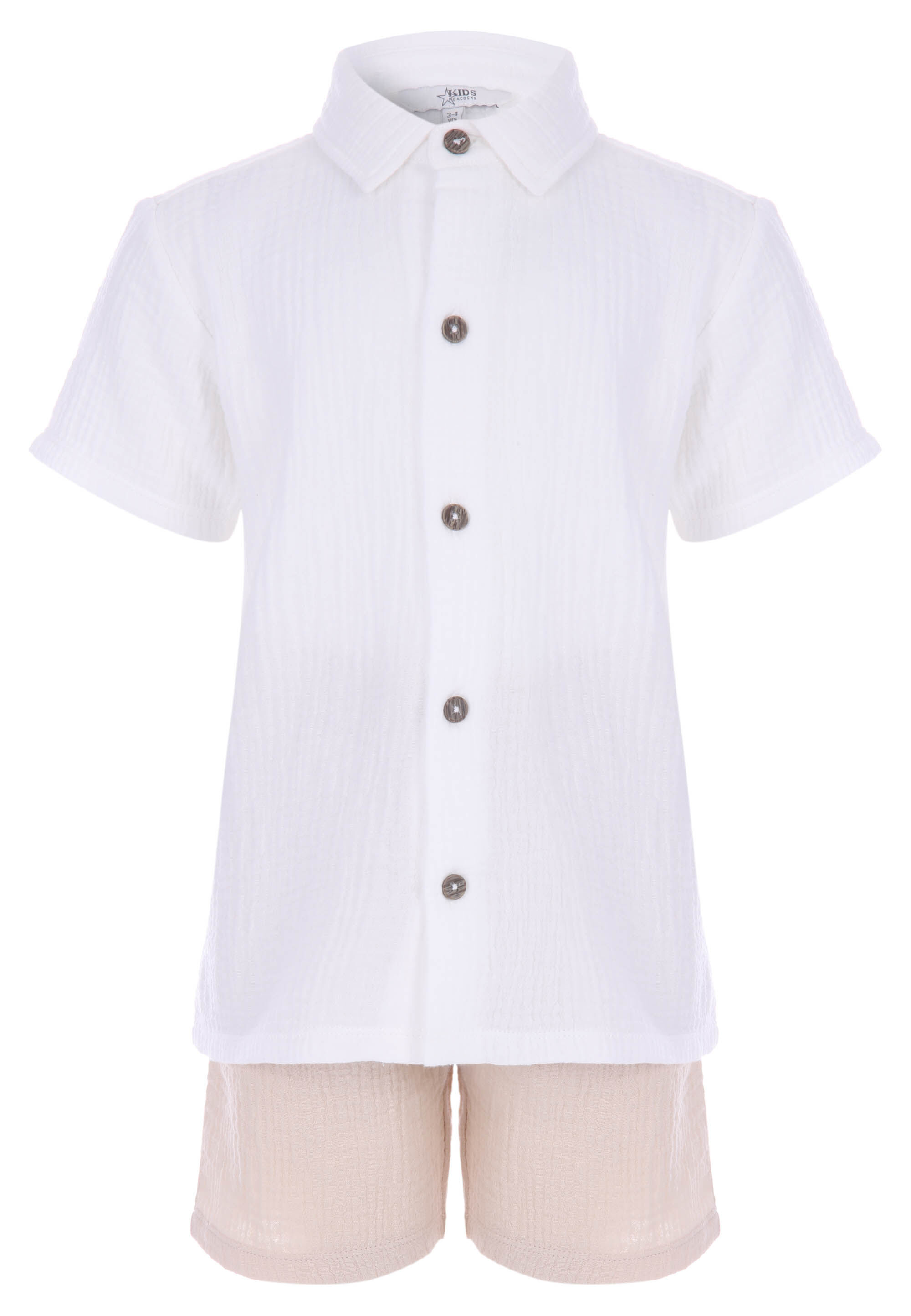 Younger Boys White Cotton Cheesecloth Shirt and Short Set