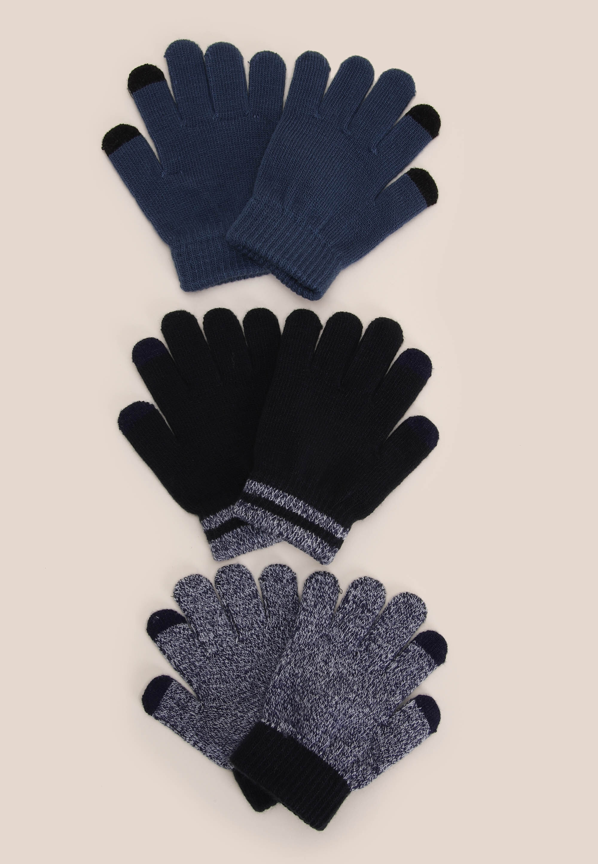 Older Boys 3pk Navy & Grey Touchscreen Magic Gloves