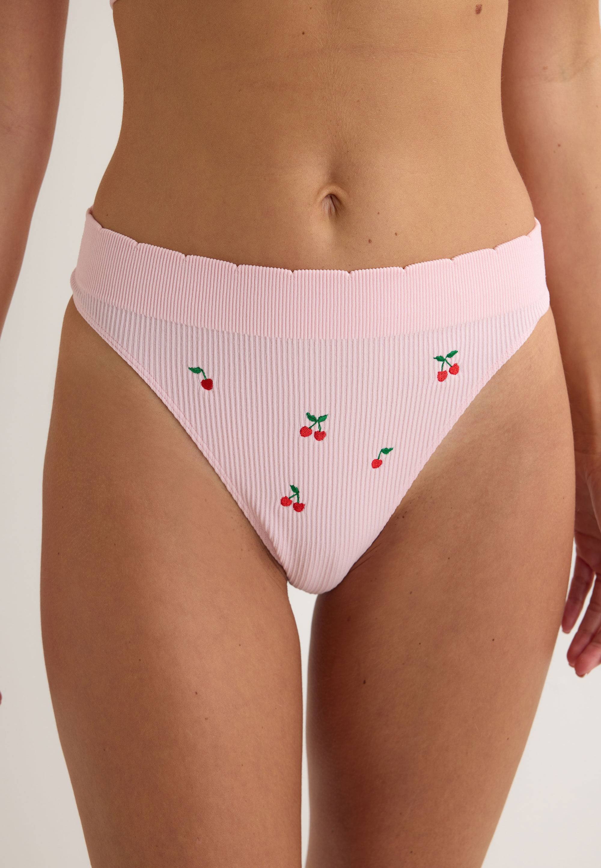 Womens Pink Cherry Embroidery Ribbed Thong