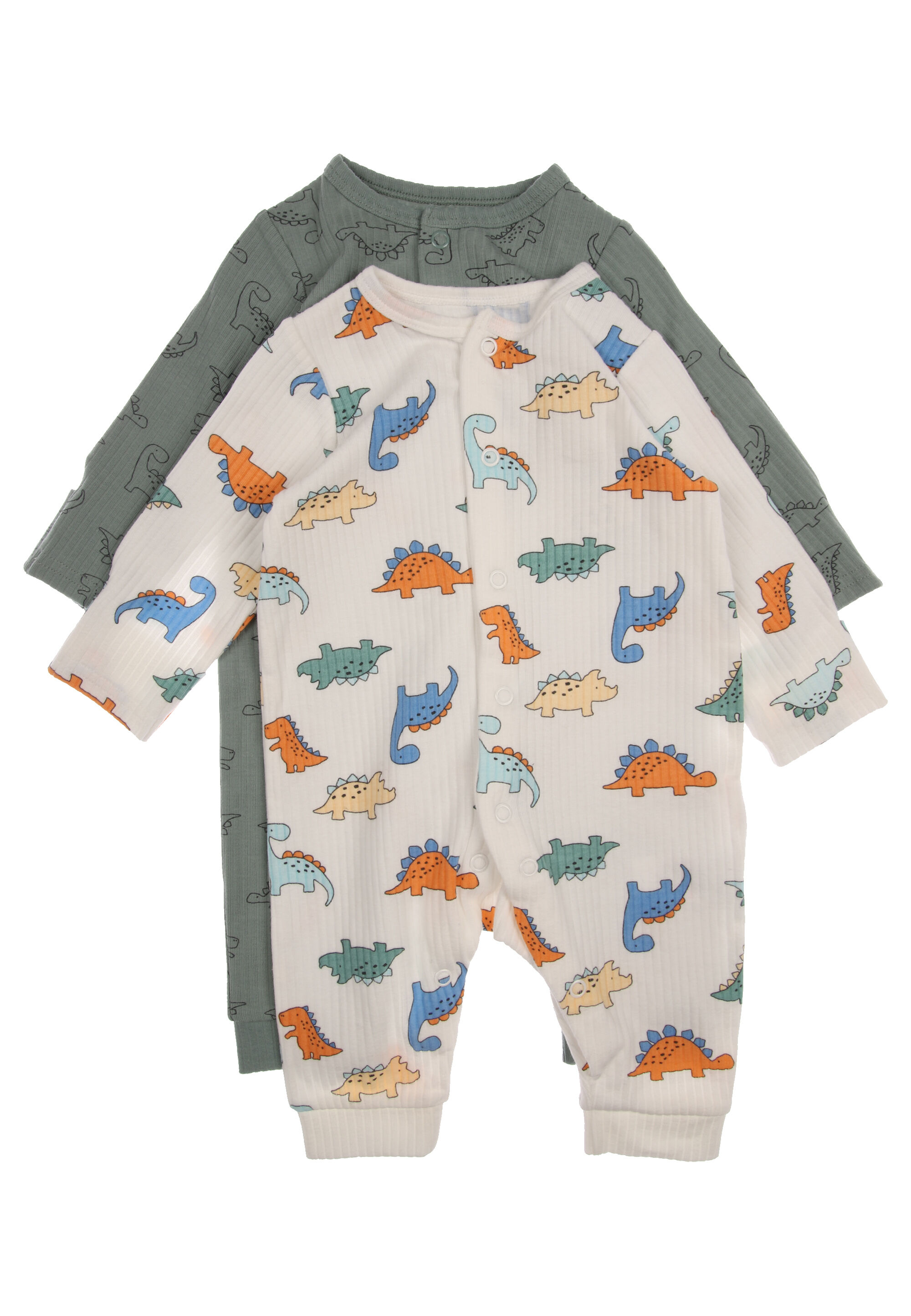 Baby Boys 2pk Cream & Green Dinosaur Sleepsuits
