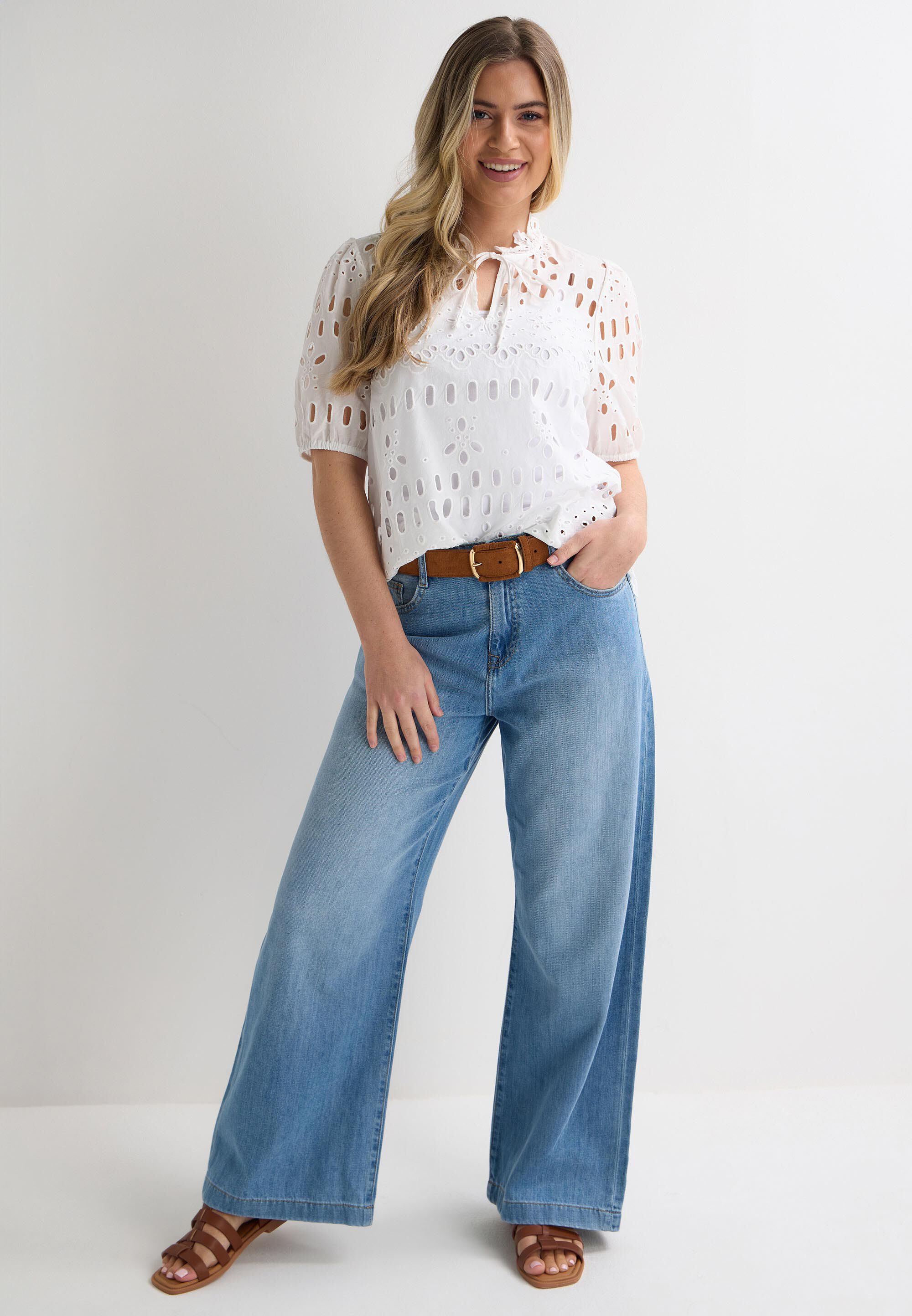 Womens White Cutwork Tie Detail Blouse